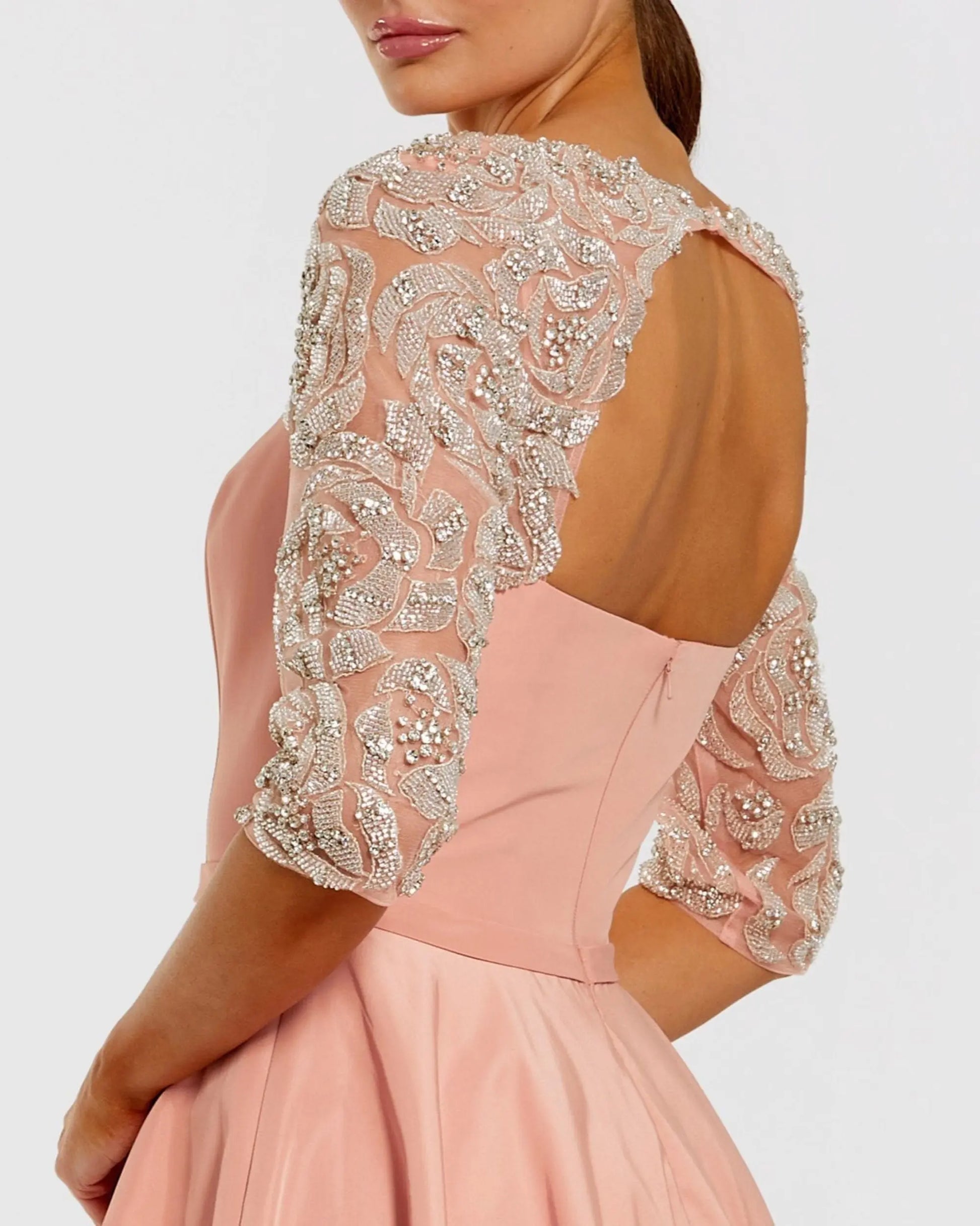 Mac Duggal - Pink Bubble Hem Midi Dress With Embellished Sleeves - Rose / US 4 Mac Duggal - Pink Bubble Hem Midi Dress With Embellished Sleeves - Rose / US 4
