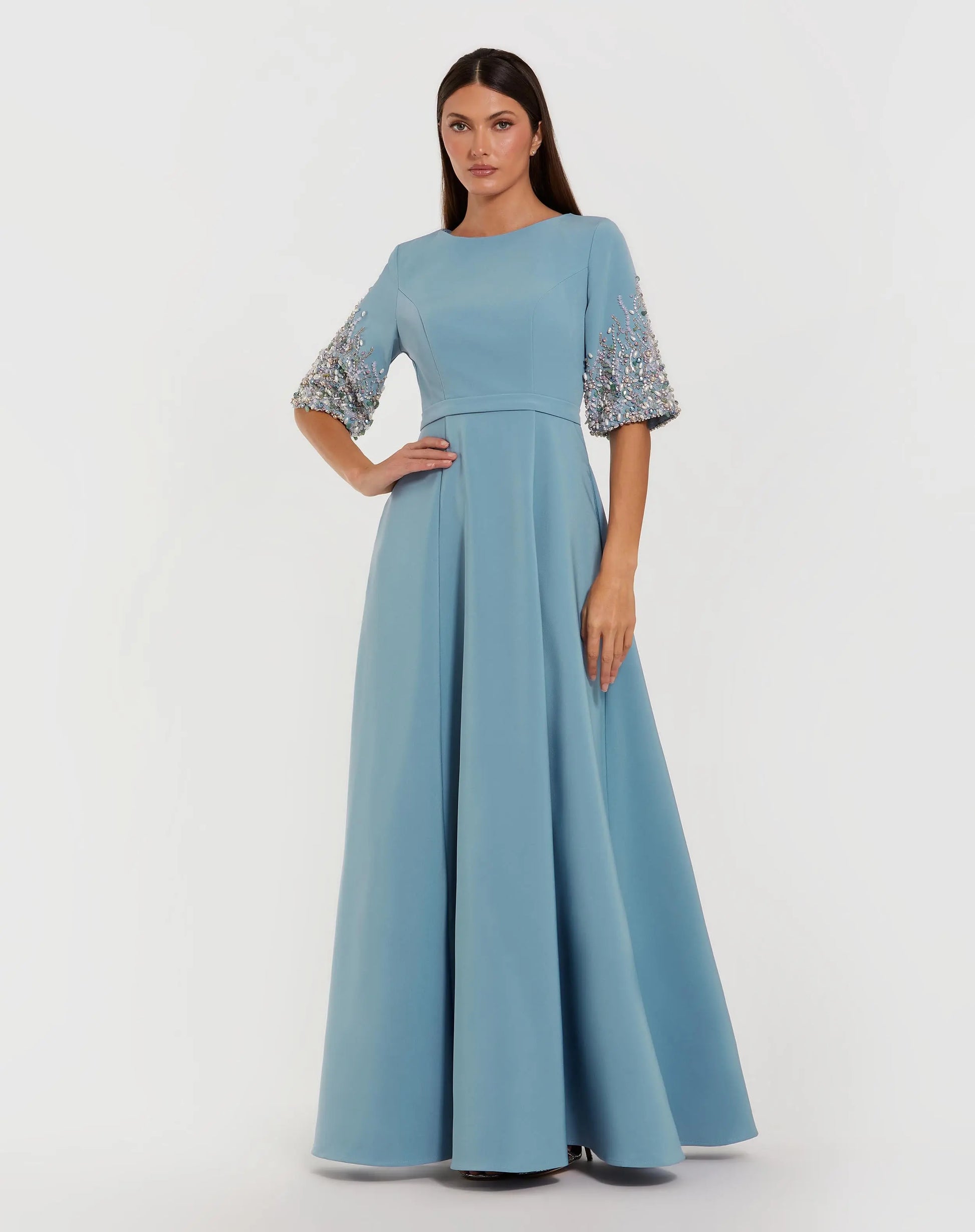 mac duggal gowns & formal dresses Blue Crepe Gown With Embellished 3/4 Sleeves