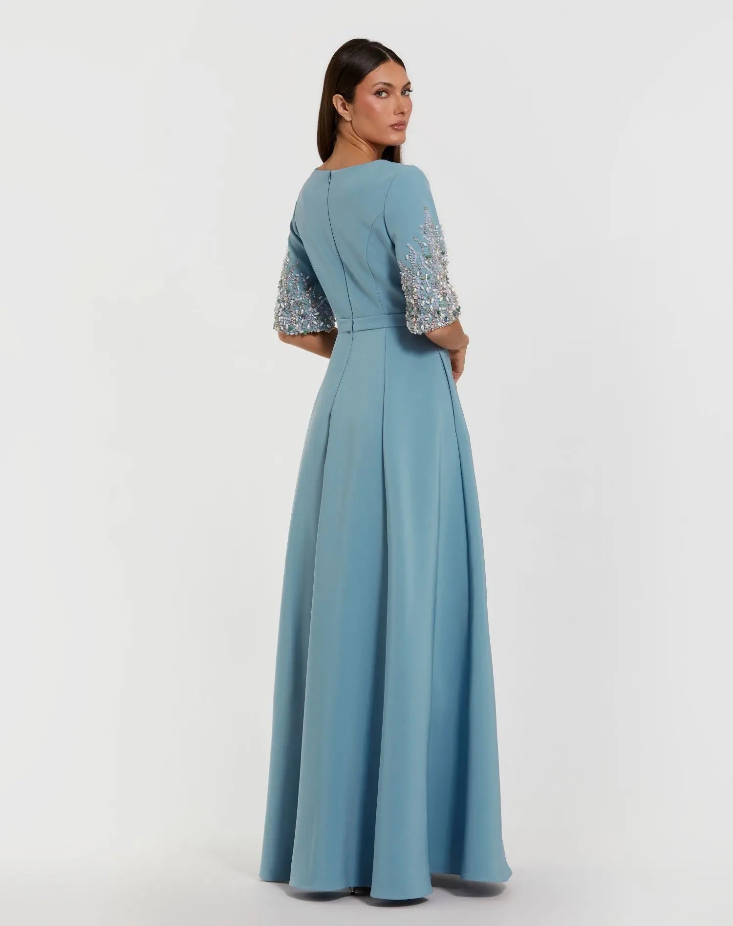 Blue Crepe Gown With Embellished 3/4 Sleeves Blue Crepe Gown With Embellished 3/4 Sleeves