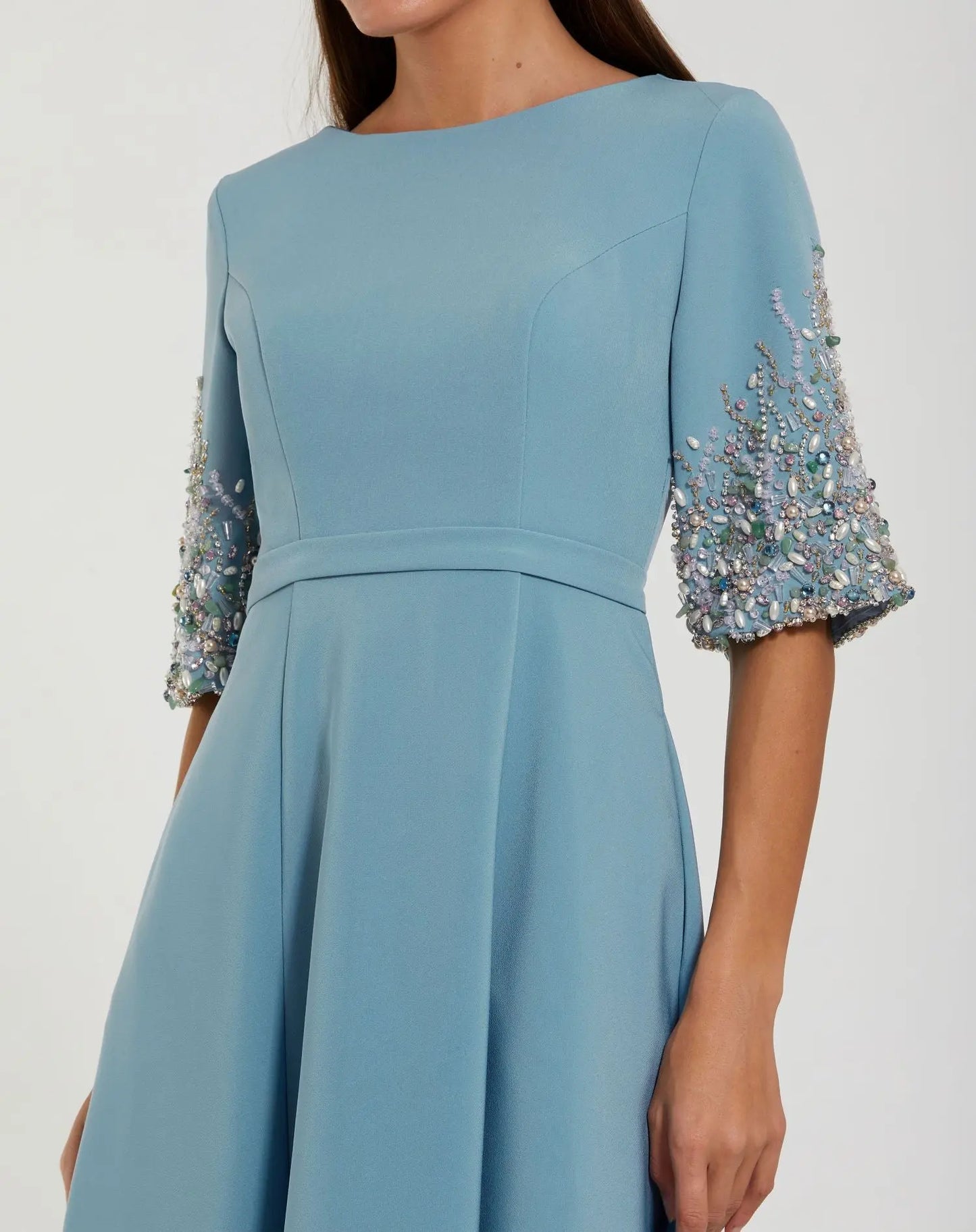 Blue Embellished Crepe Gown With 3/4 Sleeves - Mac Duggal