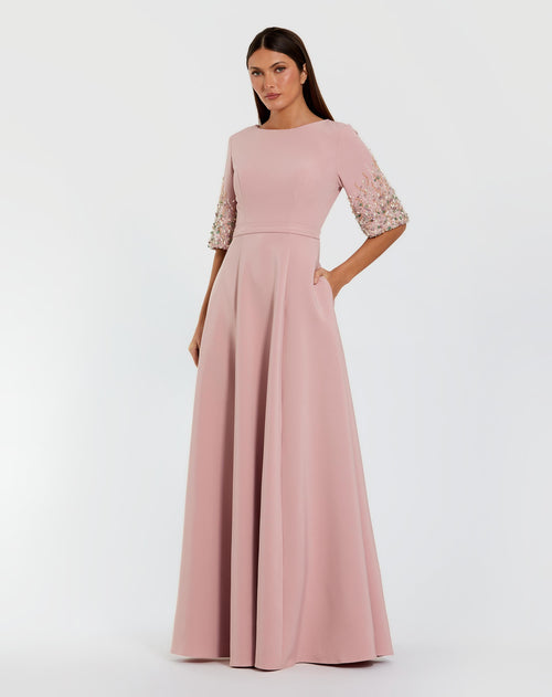 Pink Crepe Gown With Embellished 3/4 Sleeves - Mac Duggal