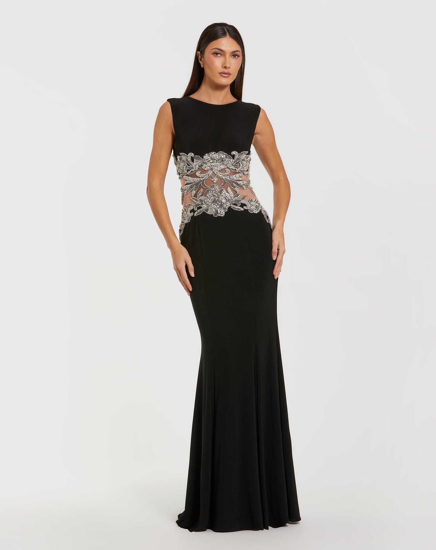 Black Jersey Sleeveless Gown With Beaded Waist Detail - Mac Duggal