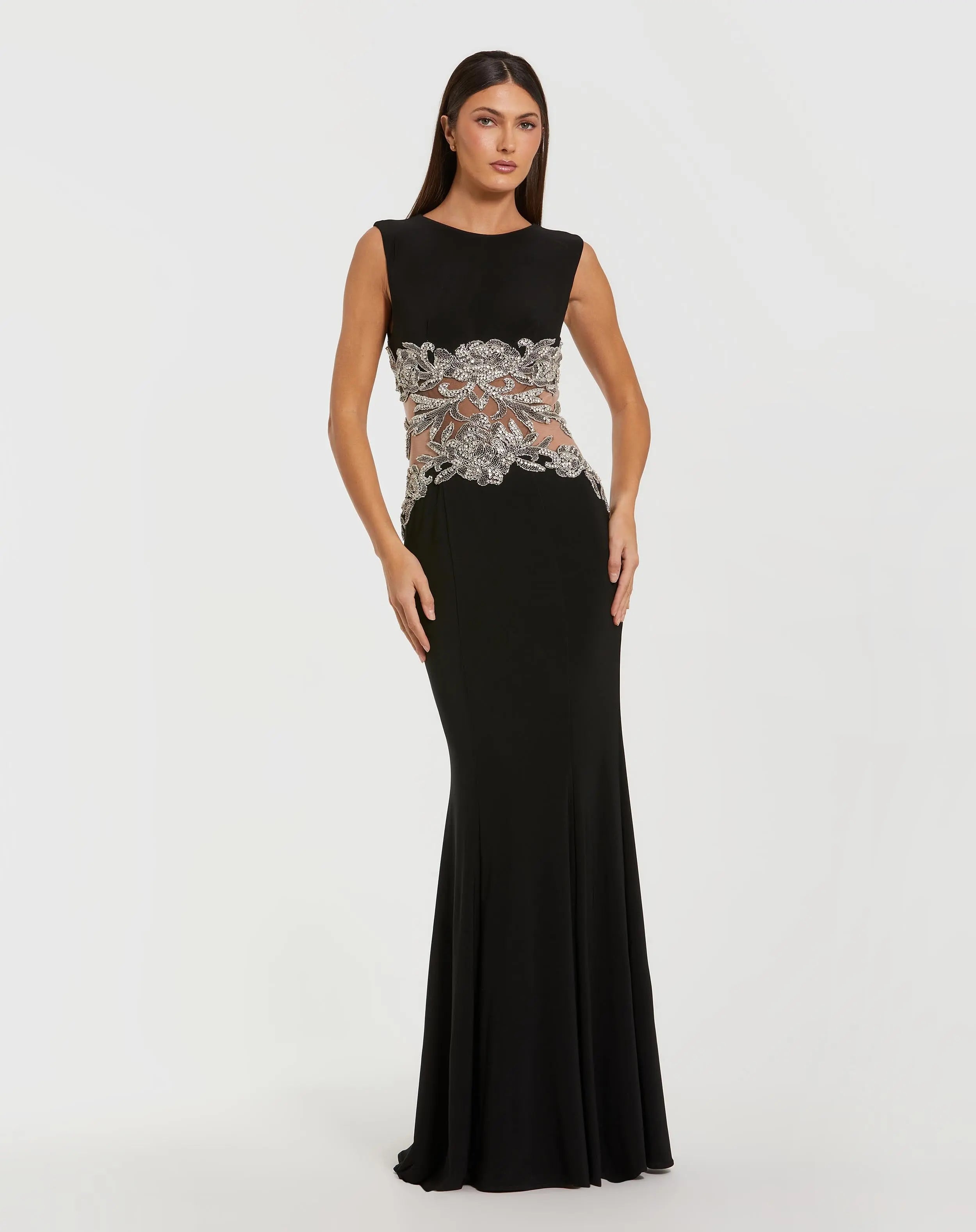 Black Jersey Sleeveless Gown With Beaded Waist Detail - Mac Duggal