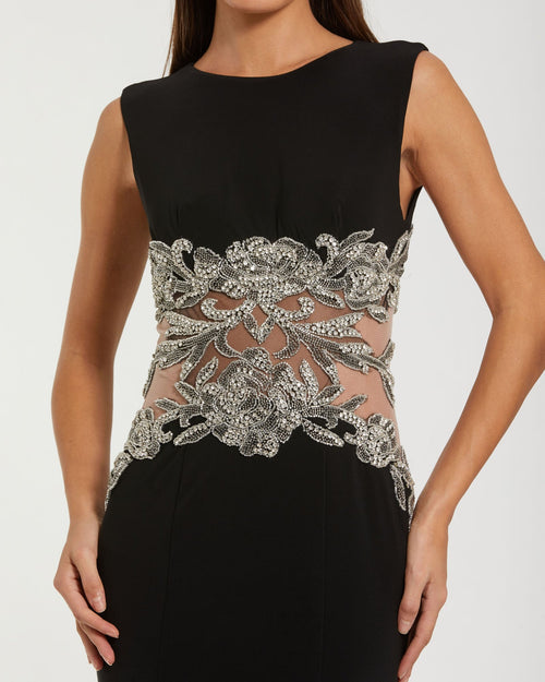 Black Jersey Sleeveless Gown With Beaded Waist Detail - Mac Duggal