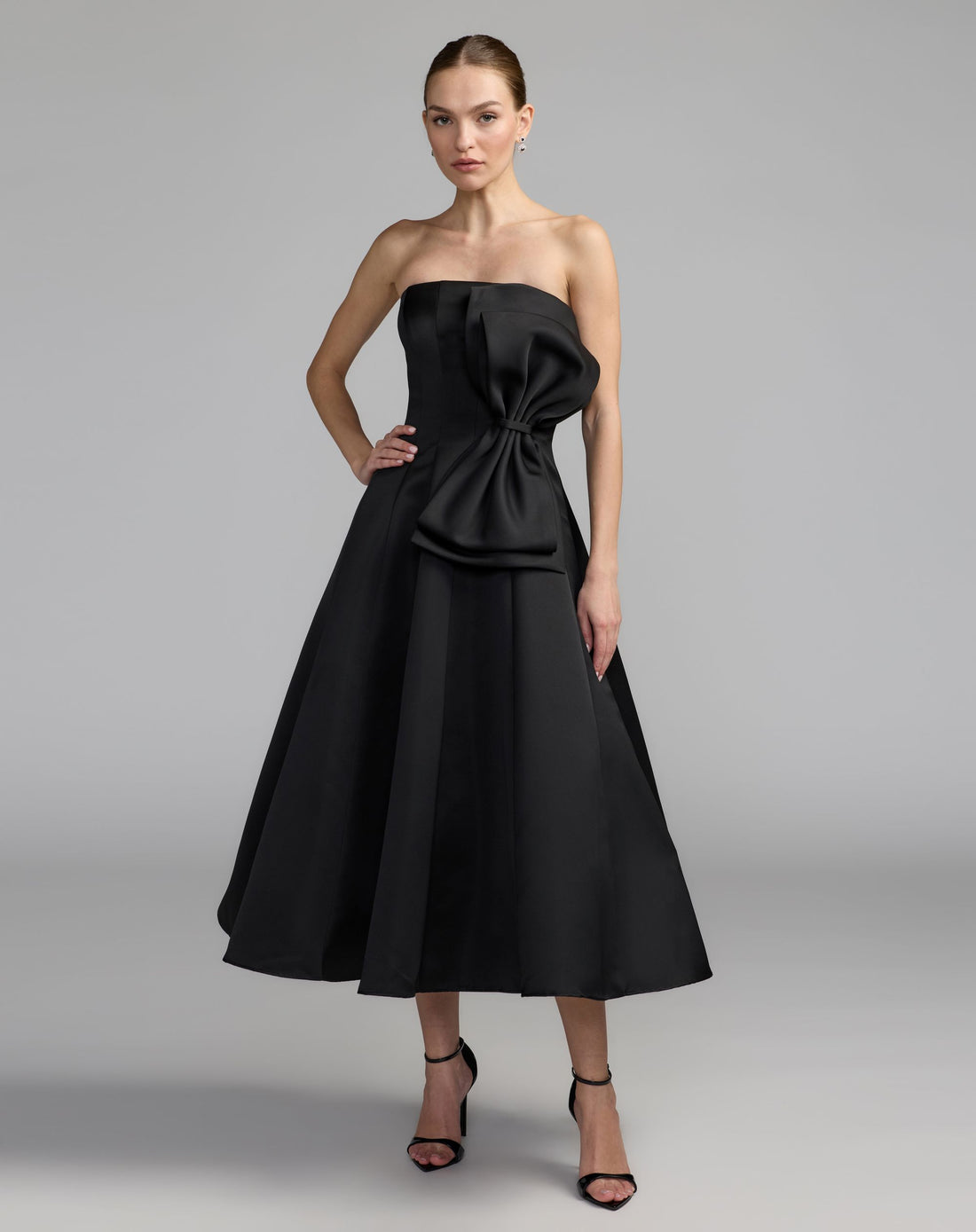 Black Strapless Satin A-Line Midi Dress With Bow - Ieena for Mac Duggal