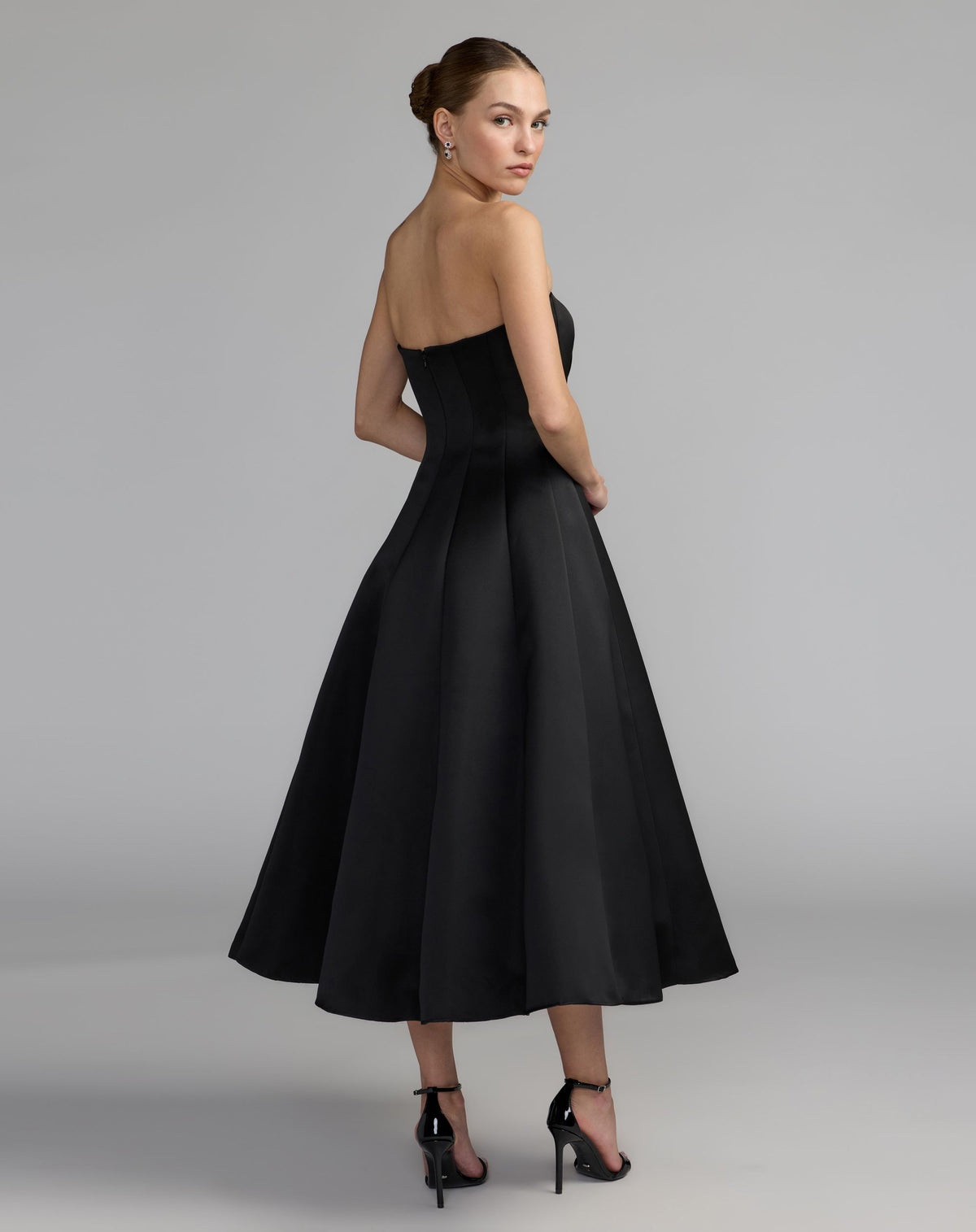 Black Strapless Satin A-Line Midi Dress With Bow - Ieena for Mac Duggal