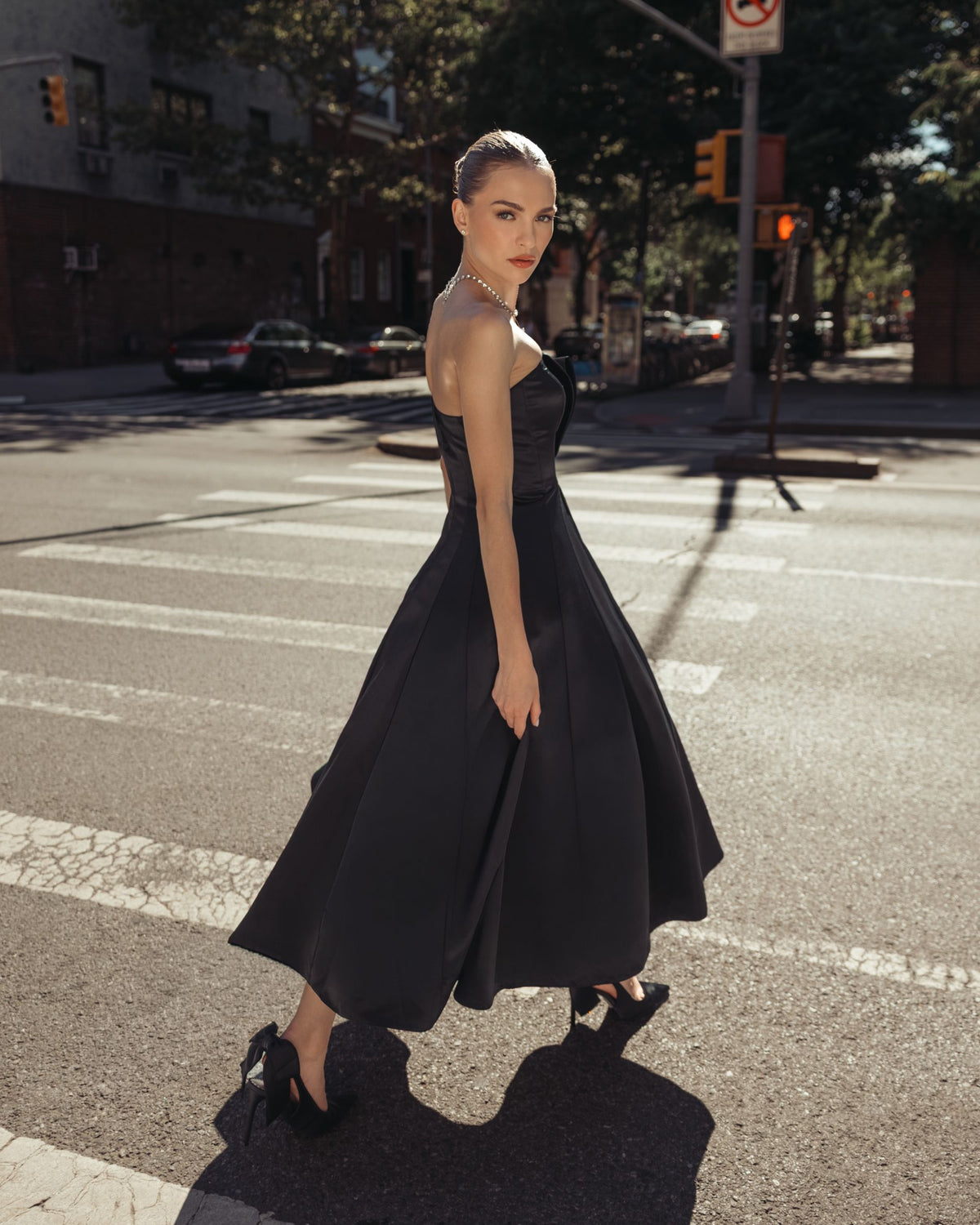 Black Strapless Satin A-Line Midi Dress With Bow - Ieena for Mac Duggal