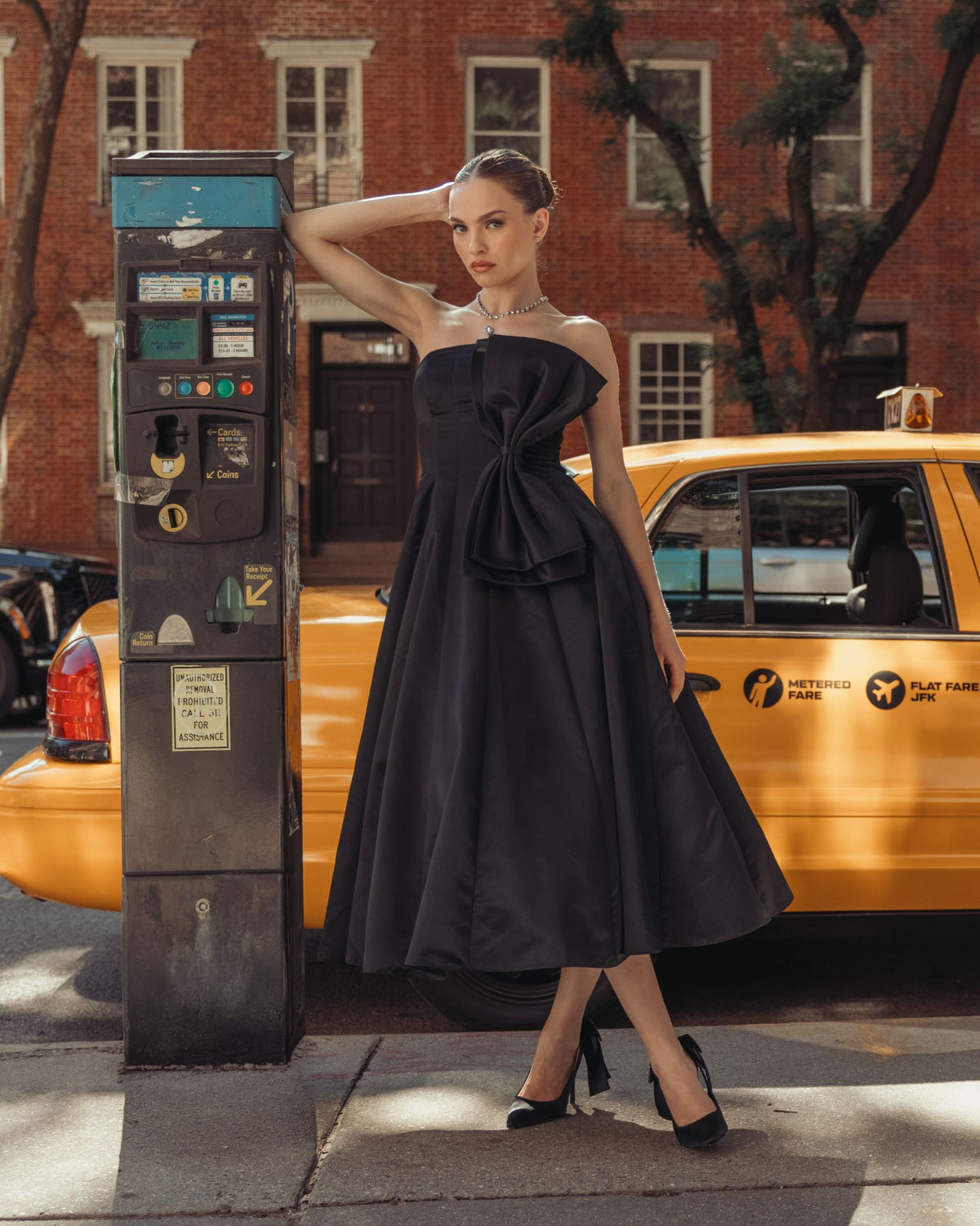 Black Strapless Satin A-Line Midi Dress With Bow - Ieena for Mac Duggal