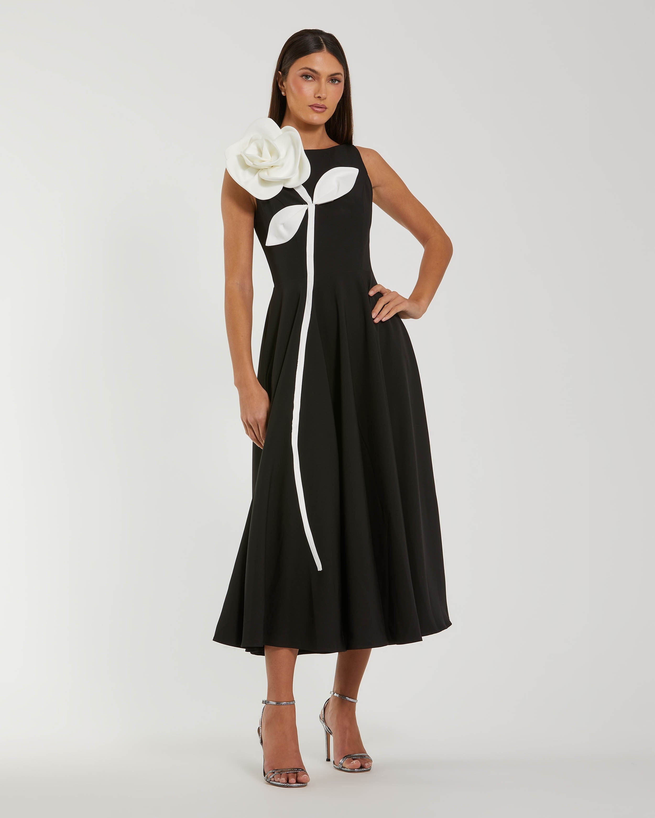 Black Crepe A Line Midi Dress with 3D Flower