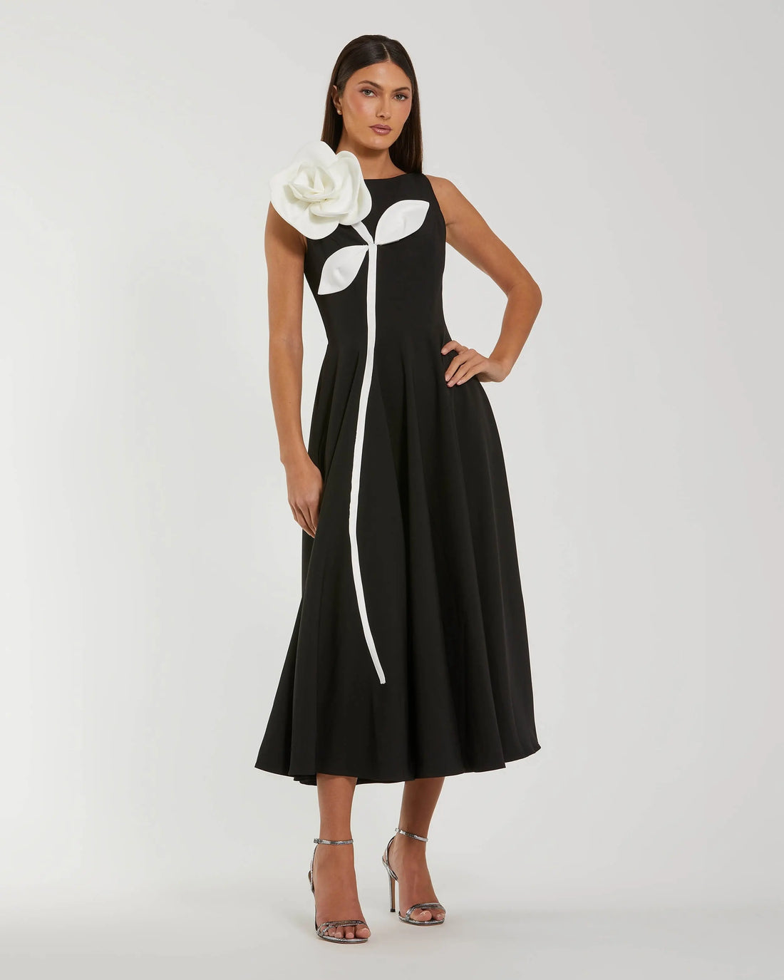Black Crepe A Line Midi Dress with 3D Flower | Mac Duggal Black Crepe A Line Midi Dress with 3D Flower | Mac Duggal