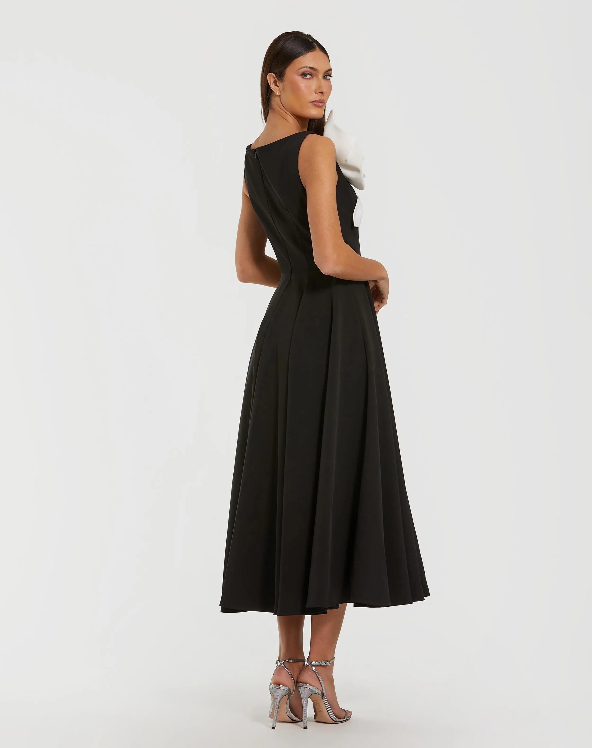 Black Crepe A Line Midi Dress with 3D Flower Black Crepe A Line Midi Dress with 3D Flower