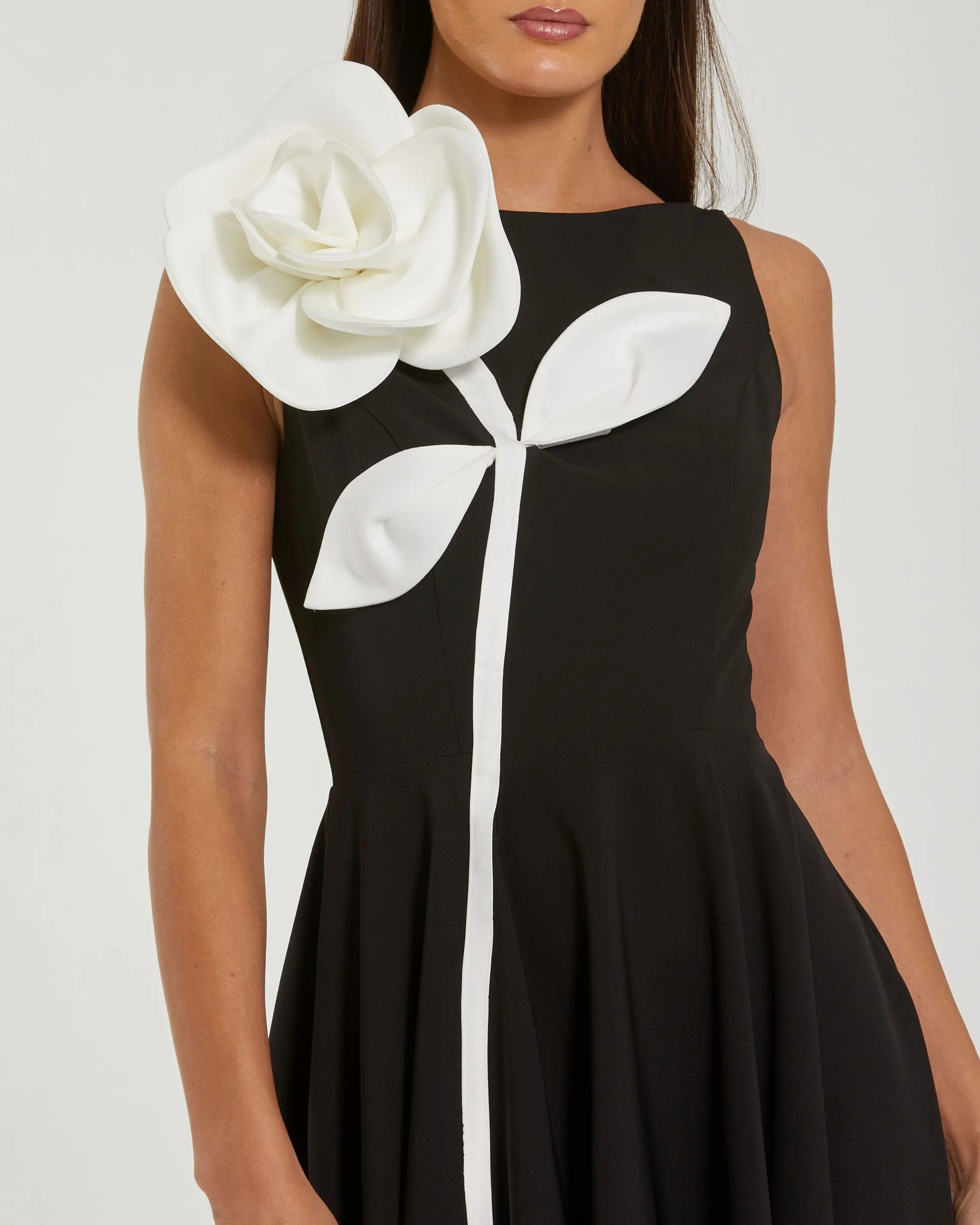 Black Crepe A Line Midi Dress with 3D Flower | Mac Duggal