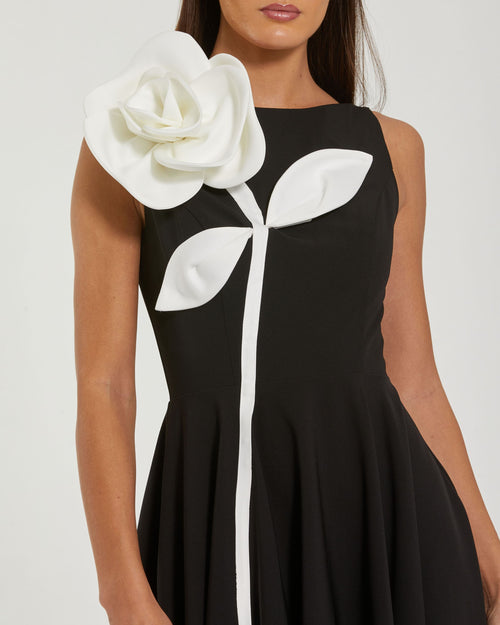 Black Crepe A Line Midi Dress with 3D Flower
