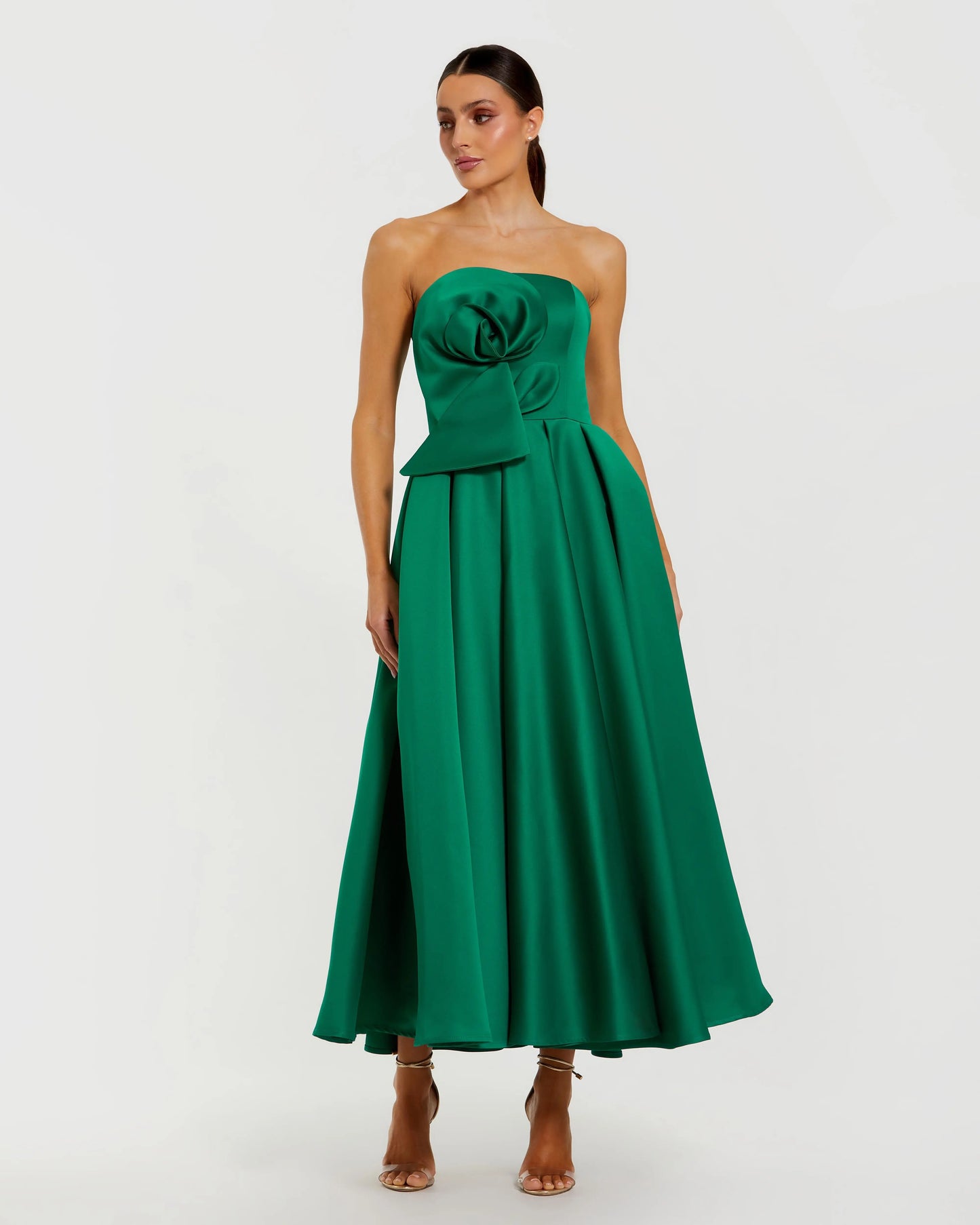 Green Strapless Satin A Line Midi Dress With 3D Flower | Mac Duggal Green Strapless Satin A Line Midi Dress With 3D Flower | Mac Duggal