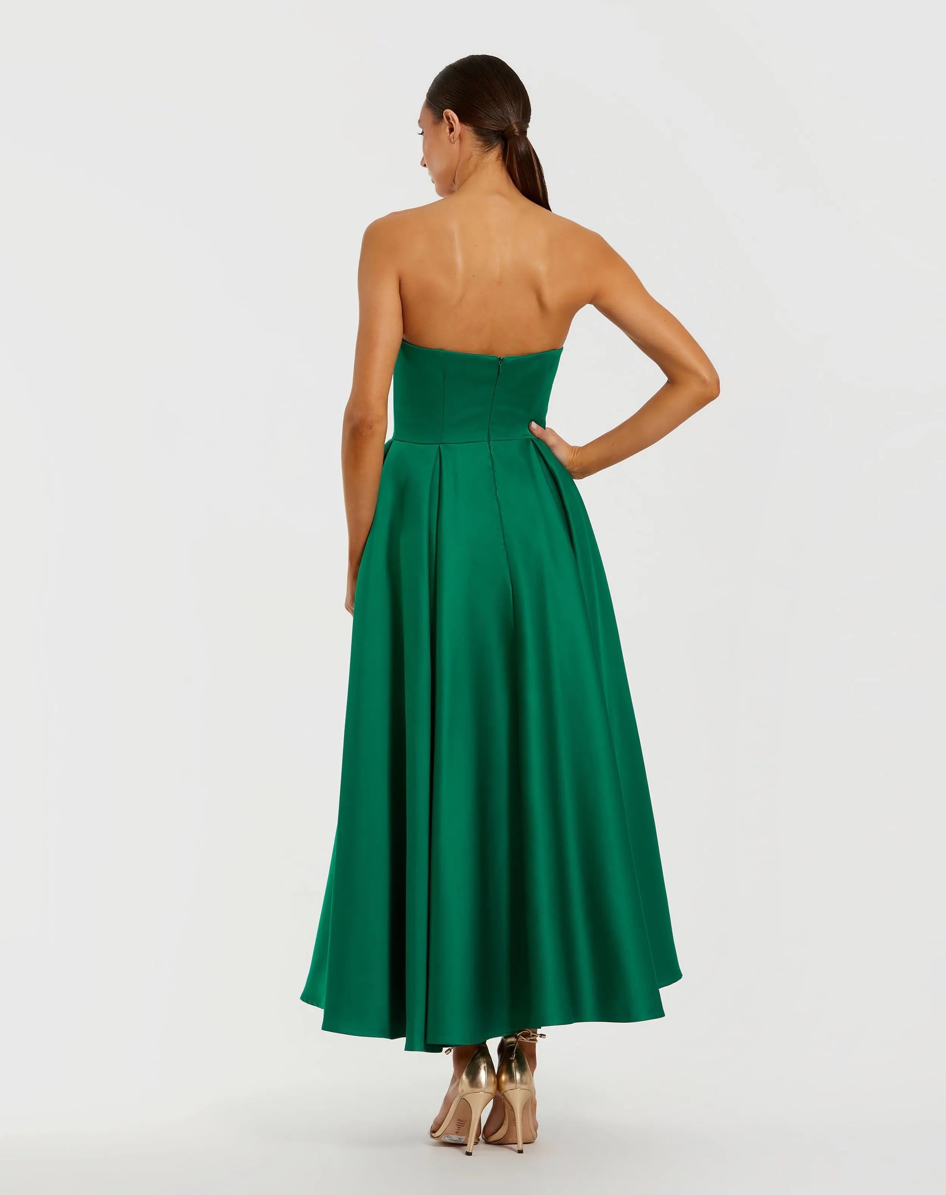 Green Strapless Satin A Line Midi Dress With 3D Flower | Mac Duggal Green Strapless Satin A Line Midi Dress With 3D Flower | Mac Duggal