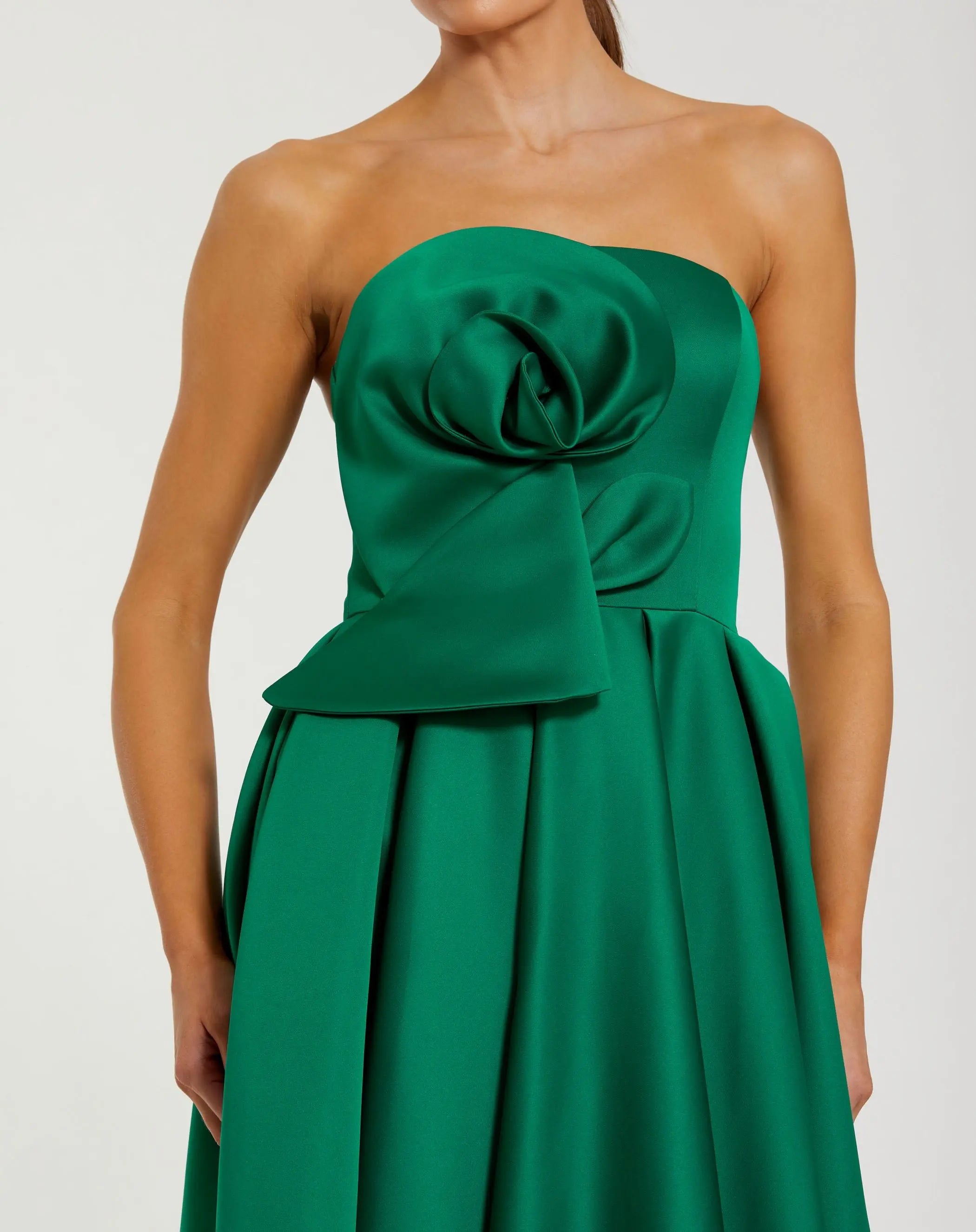 Green Strapless Satin A Line Midi Dress With 3D Flower | Mac Duggal Green Strapless Satin A Line Midi Dress With 3D Flower | Mac Duggal