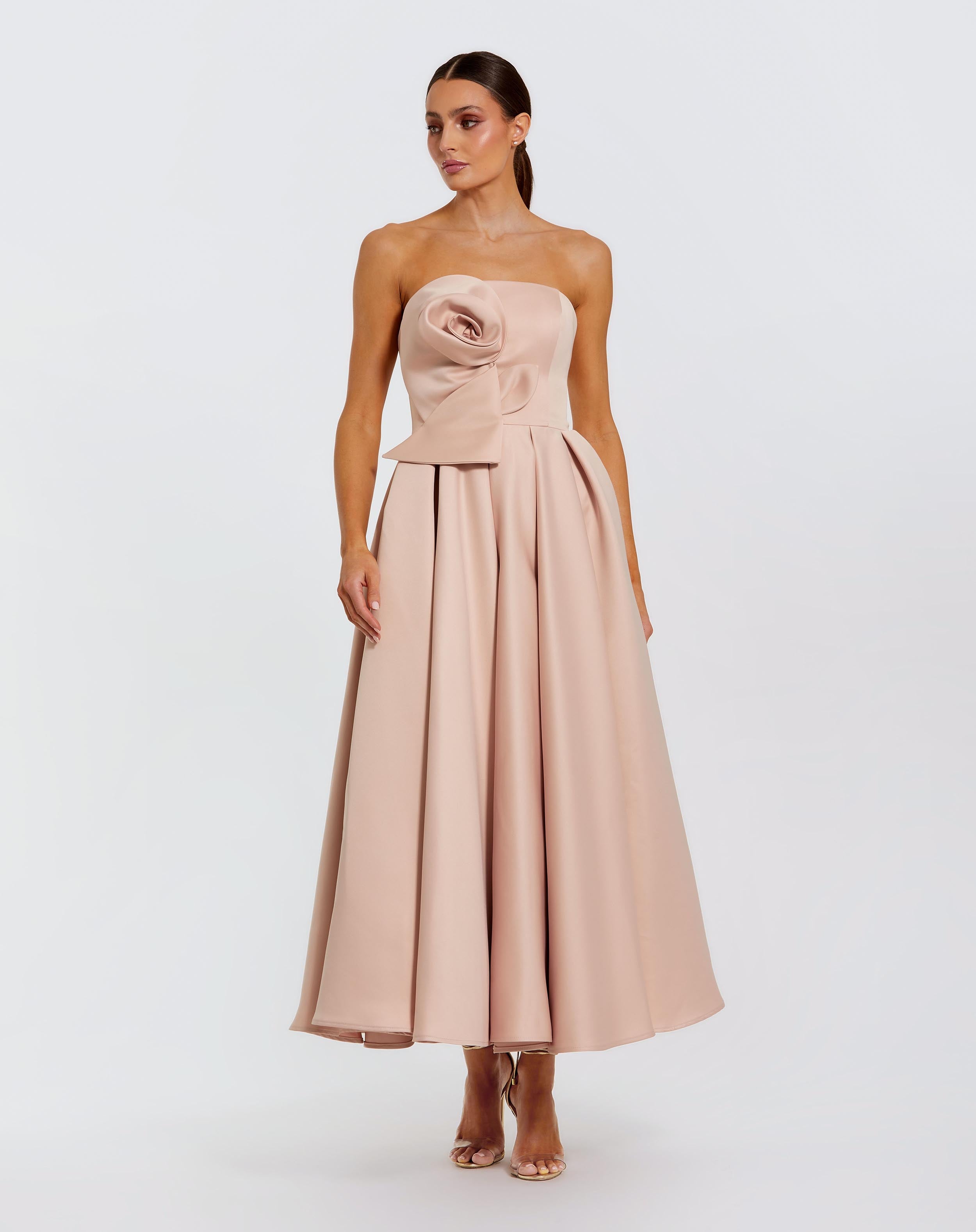 Pink Strapless Satin A Line Midi Dress With 3D Flower Ieena for Mac Duggal 