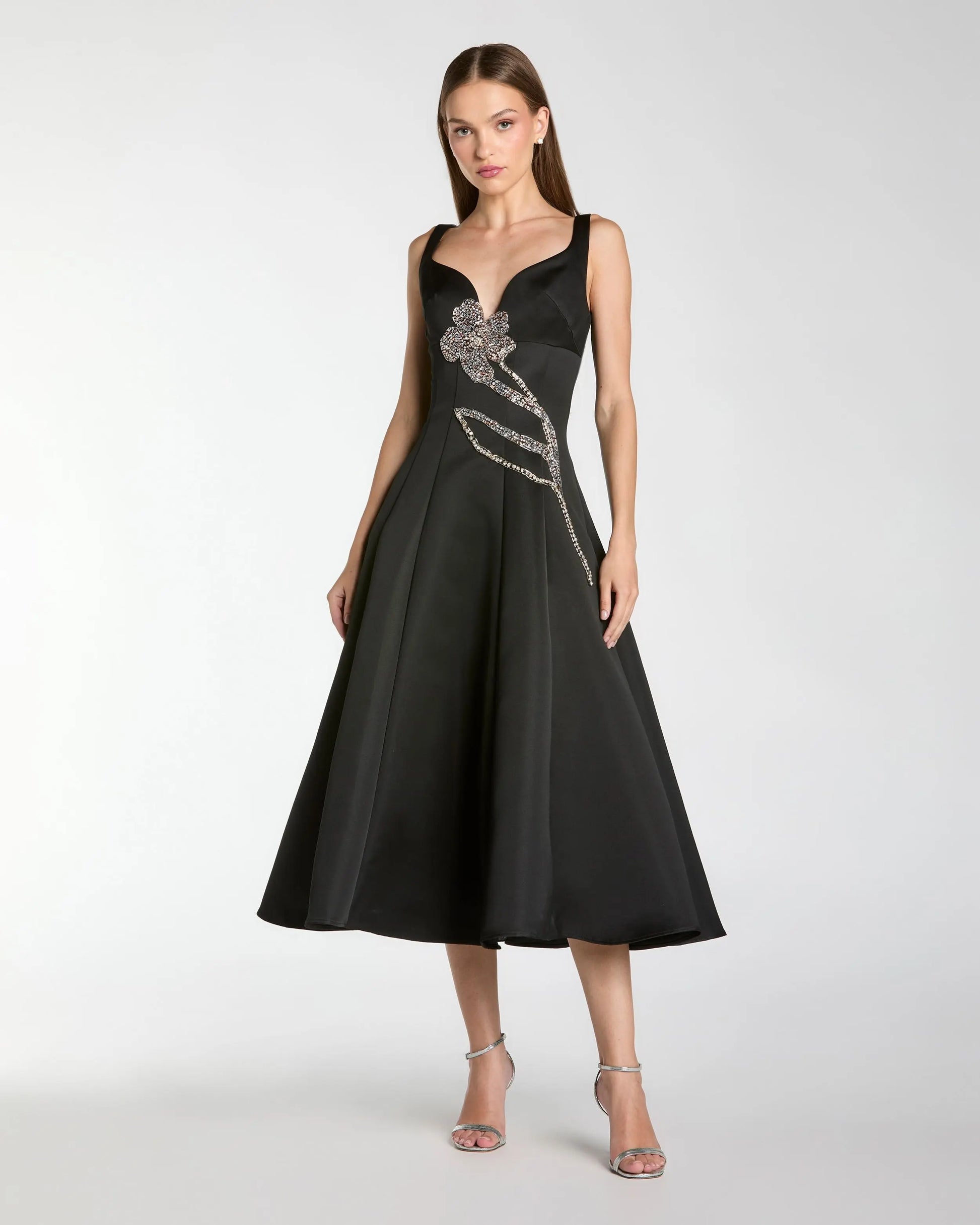 Black A-Line Midi Dress With Embellished Flower - Mac Duggal Black A-Line Midi Dress With Embellished Flower - Mac Duggal