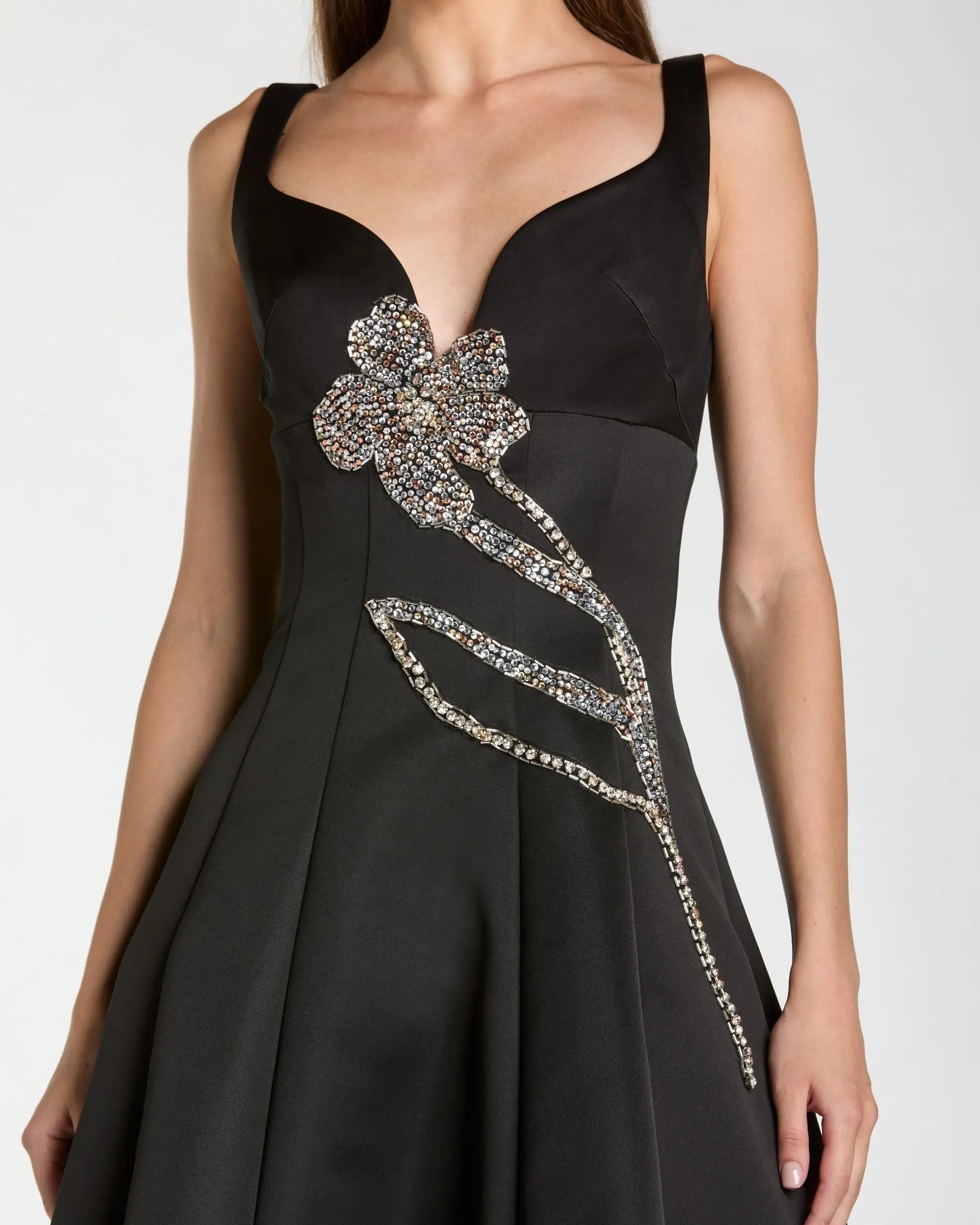 Black A-Line Midi Dress With Embellished Flower - Mac Duggal Black A-Line Midi Dress With Embellished Flower - Mac Duggal