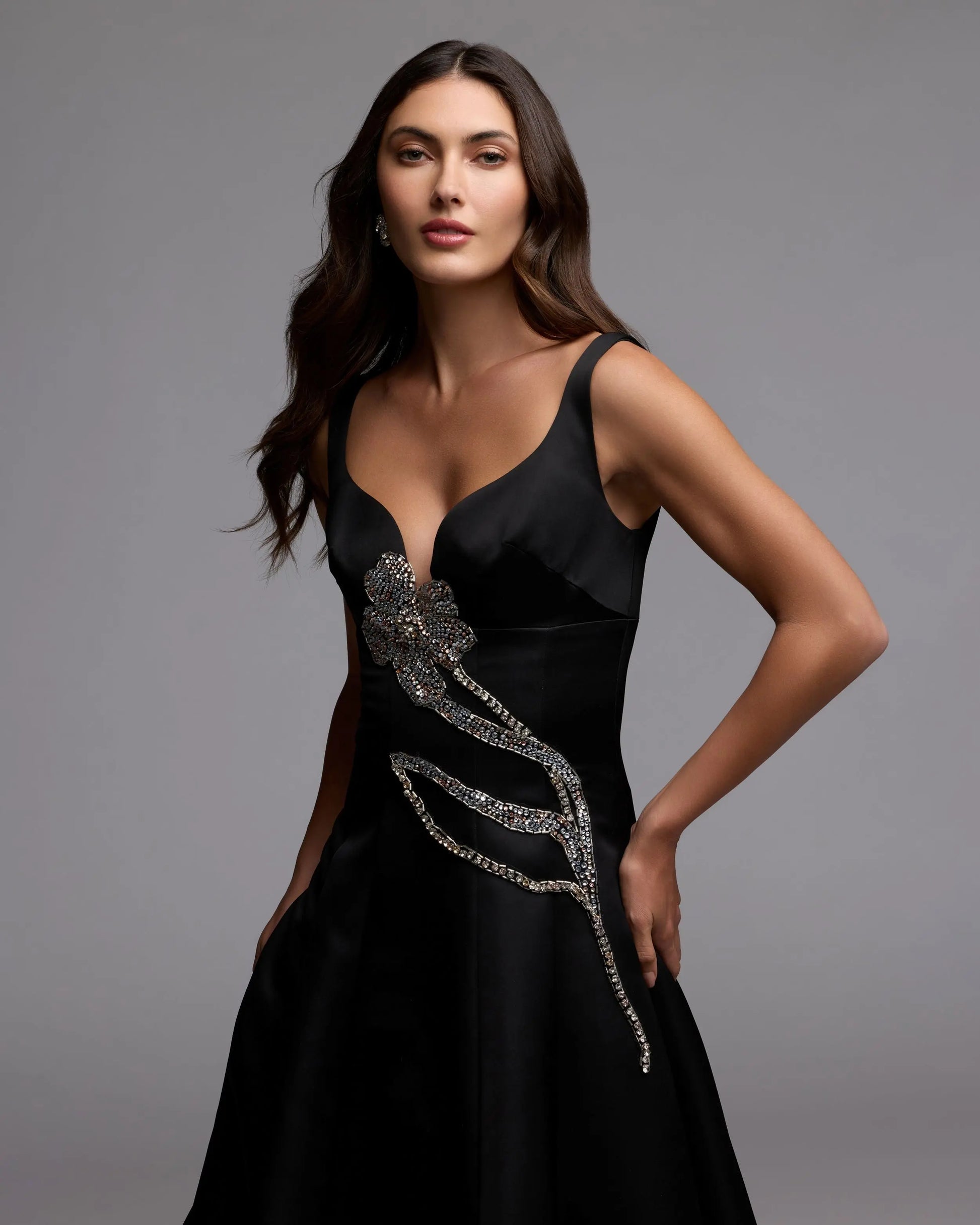 Black A-Line Midi Dress With Embellished Flower Ieena for Mac Duggal