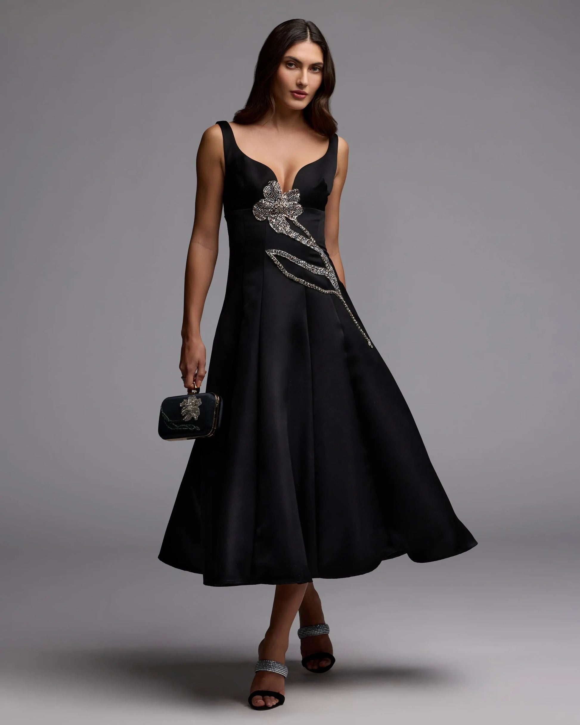Black A-Line Midi Dress With Embellished Flower - Mac Duggal Black A-Line Midi Dress With Embellished Flower - Mac Duggal