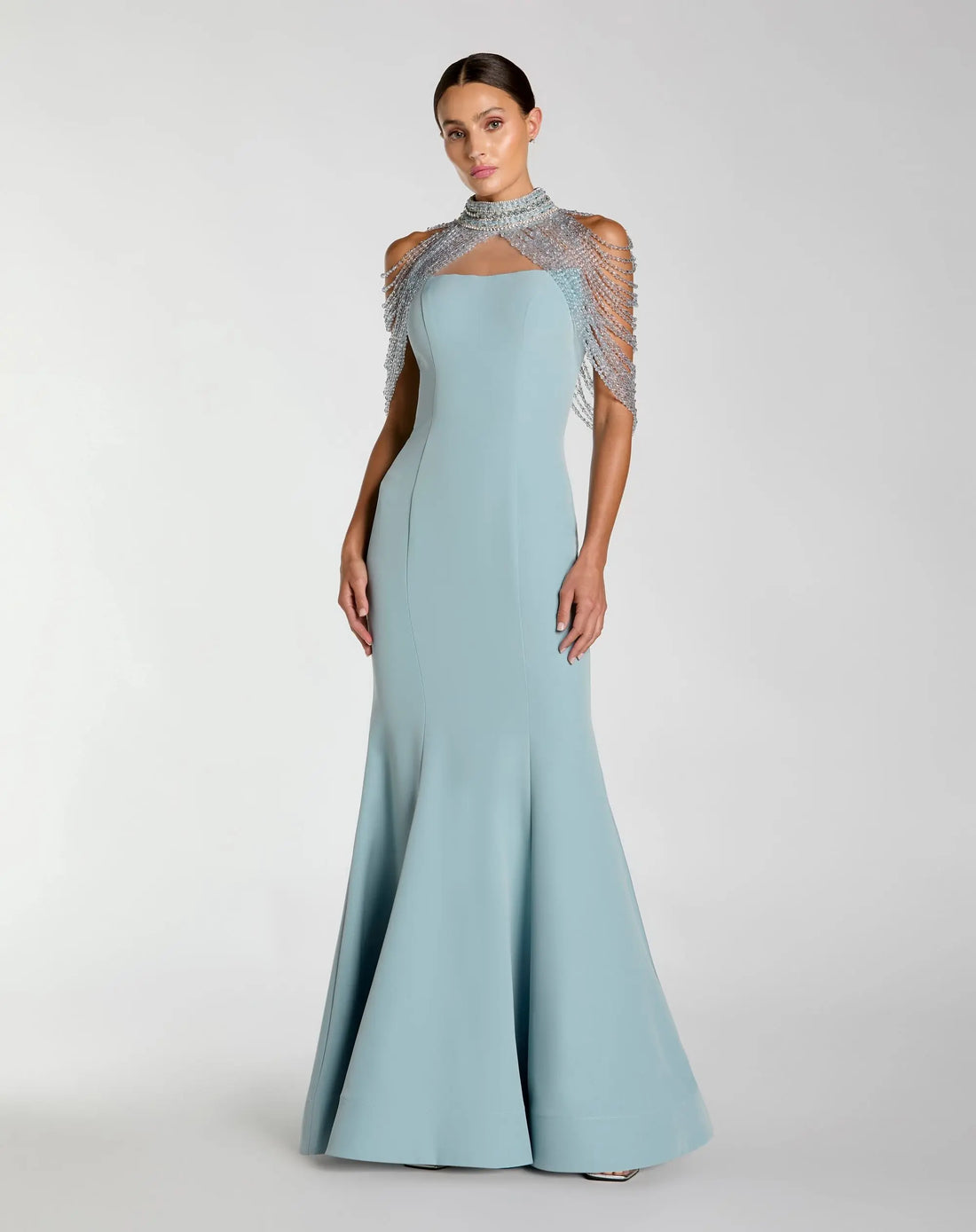 Blue Crepe Mermaid Gown With Crystal Shawl - Mac Duggal
