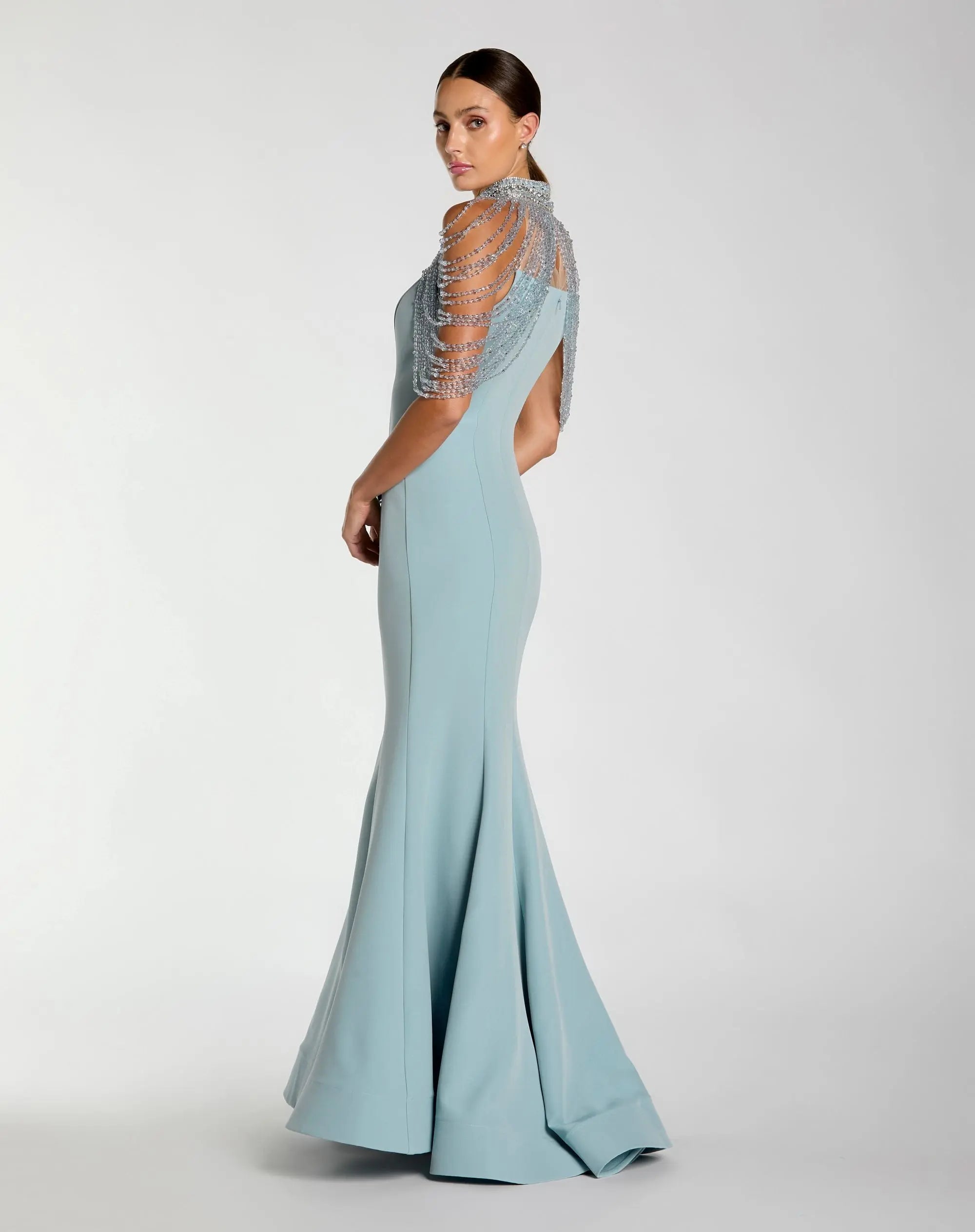 Blue Crepe Mermaid Gown With Crystal Shawl - Mac Duggal