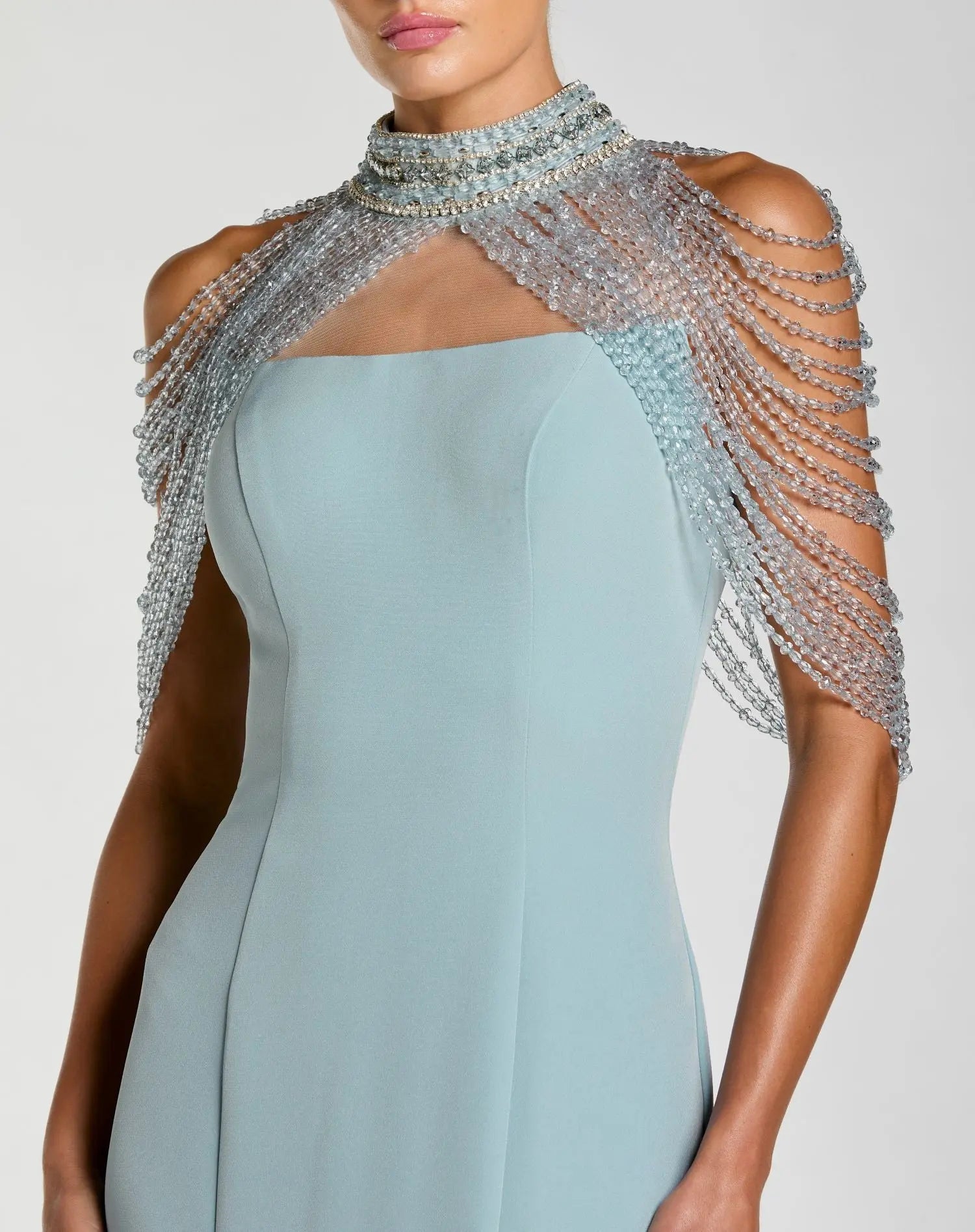 Blue Crepe Mermaid Gown With Crystal Shawl - Mac Duggal