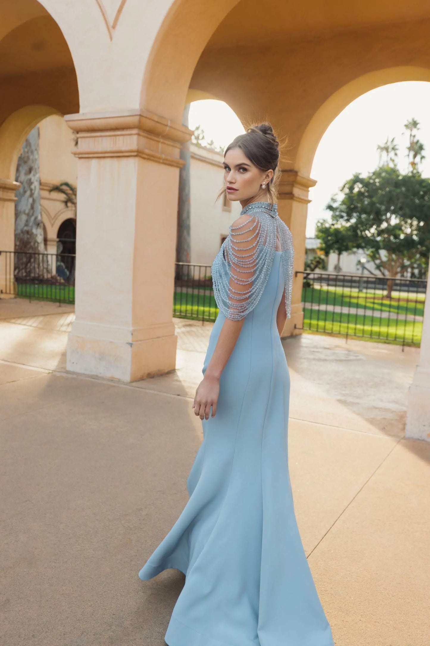 Blue Crepe Mermaid Gown With Crystal Shawl - Mac Duggal