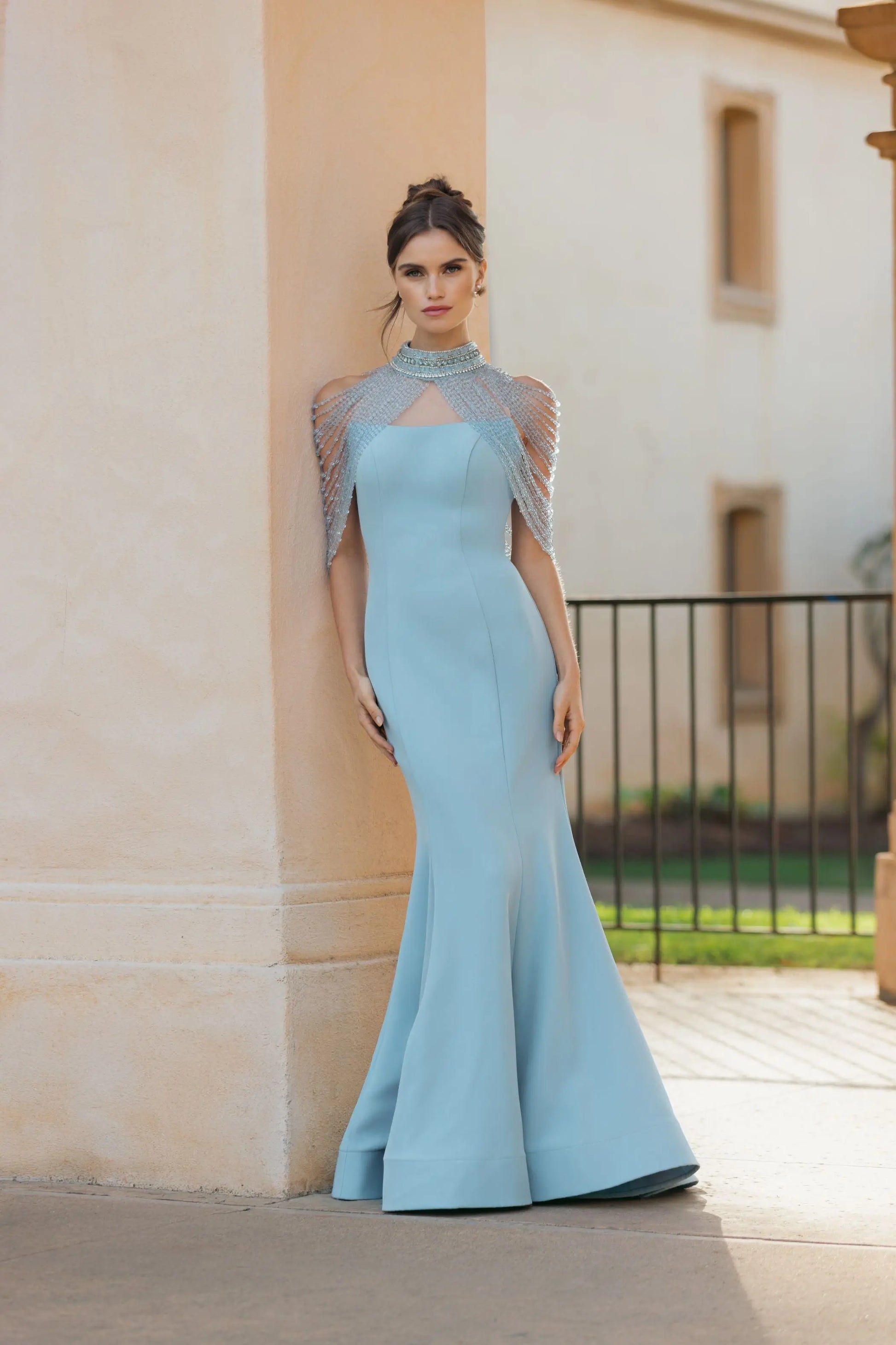 Blue Crepe Mermaid Gown With Crystal Shawl - Mac Duggal
