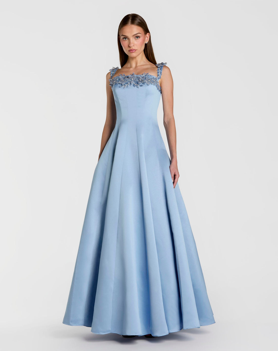 Blue Satin Ballgown With 3D Embellished Flowers Mac Duggal