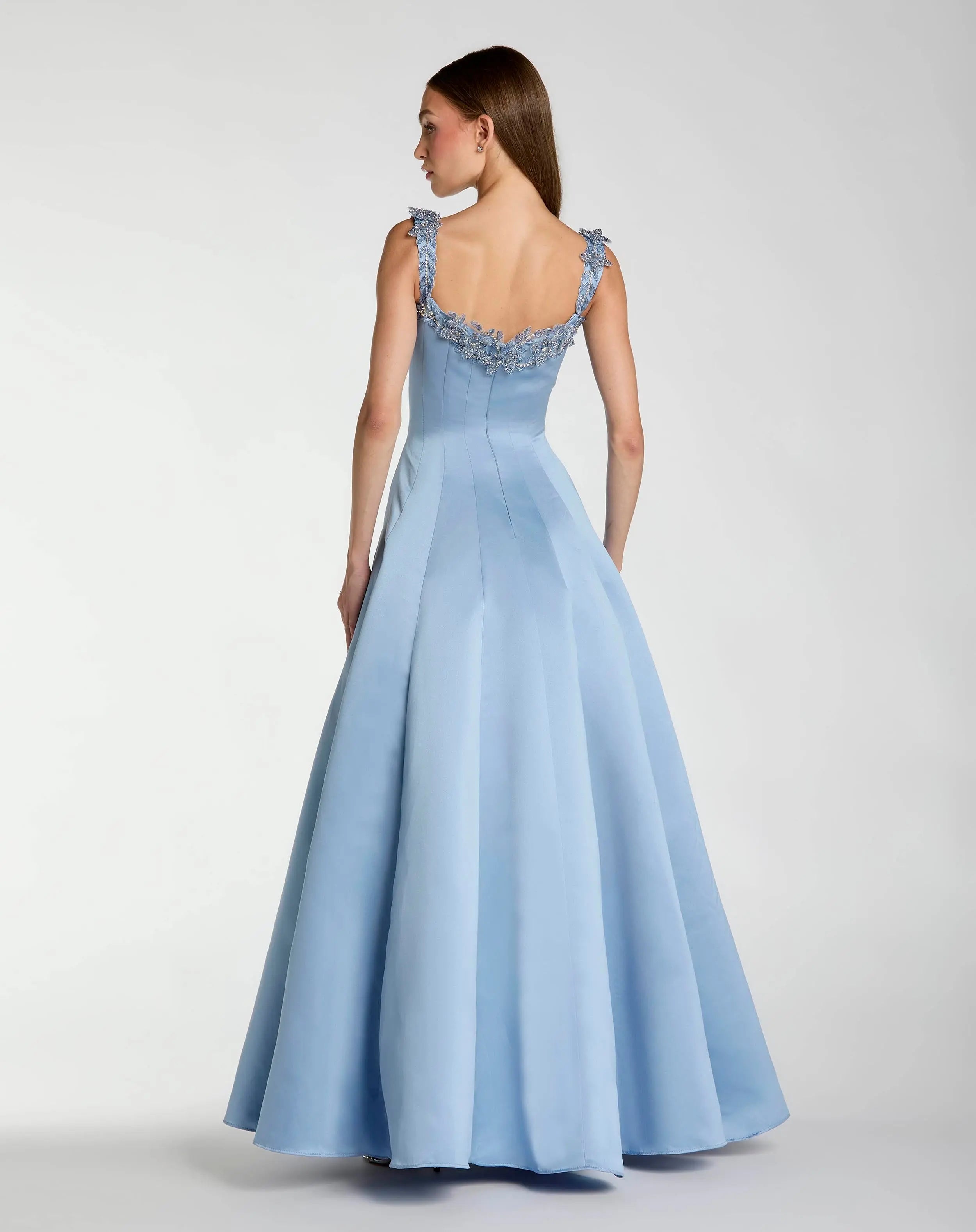 Blue Satin Ballgown With 3D Embellished Flowers Mac Duggal
