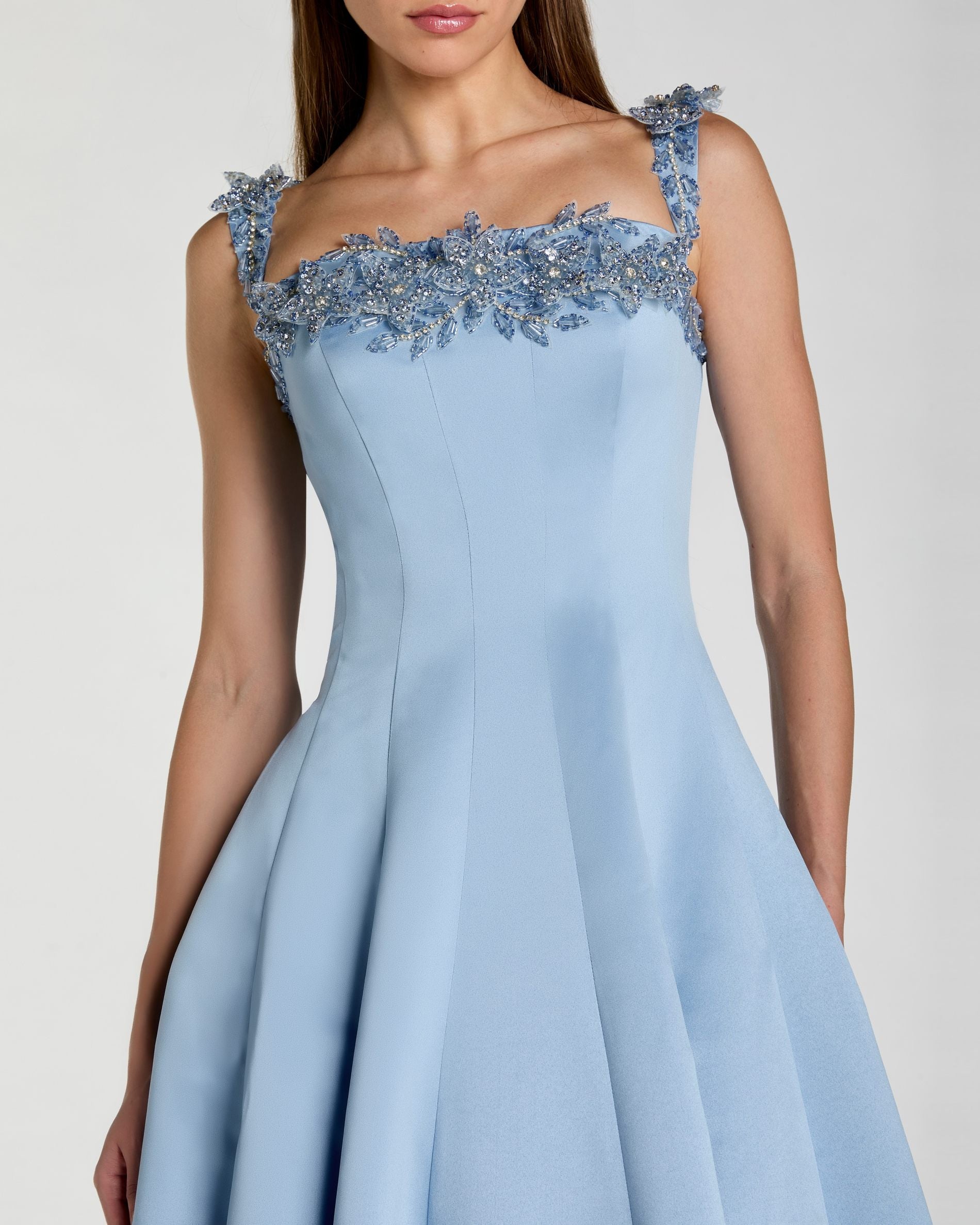 Blue Satin Ballgown With 3D Embellished Flowers Mac Duggal