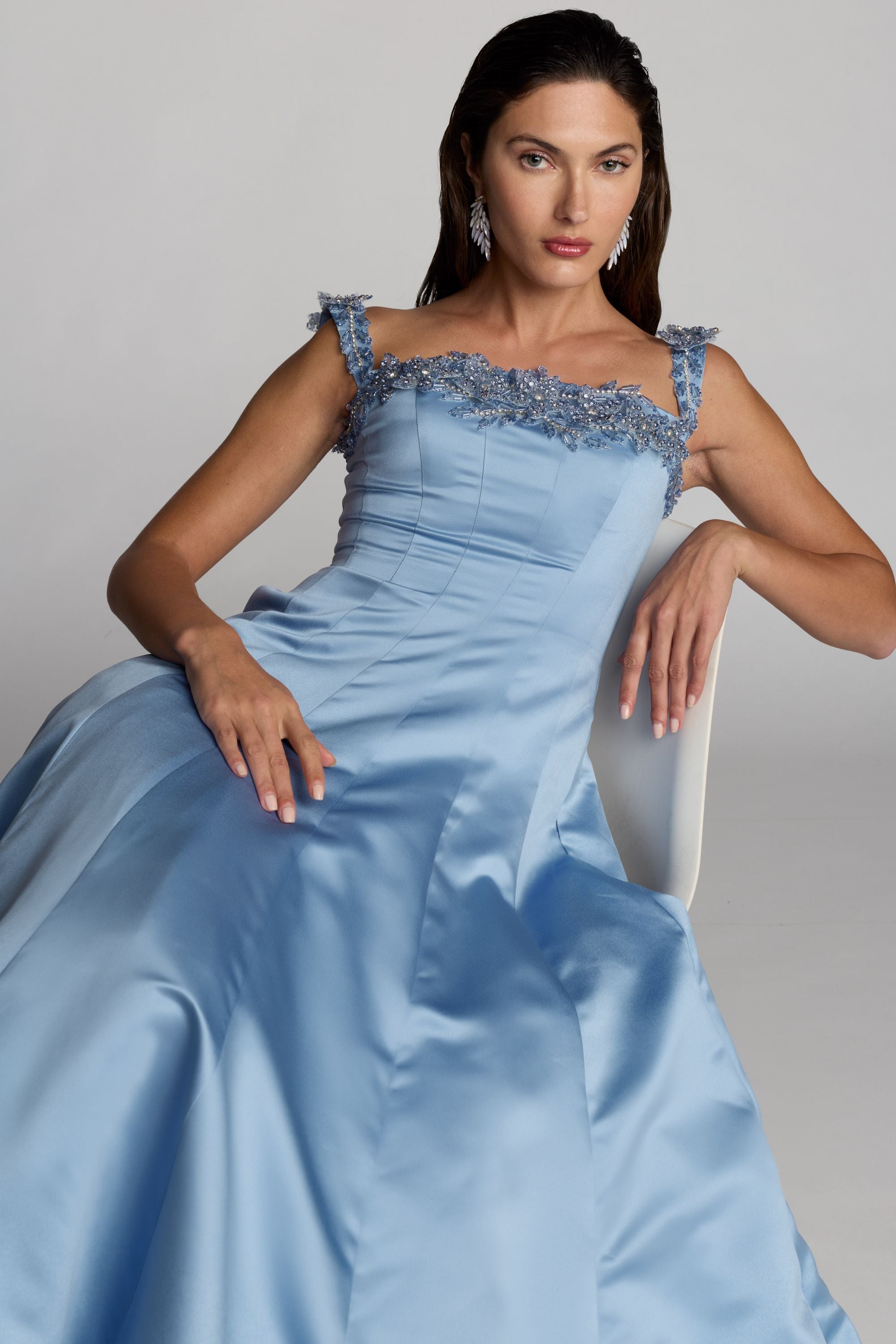 Blue Satin Ballgown With 3D Embellished Flowers Mac Duggal
