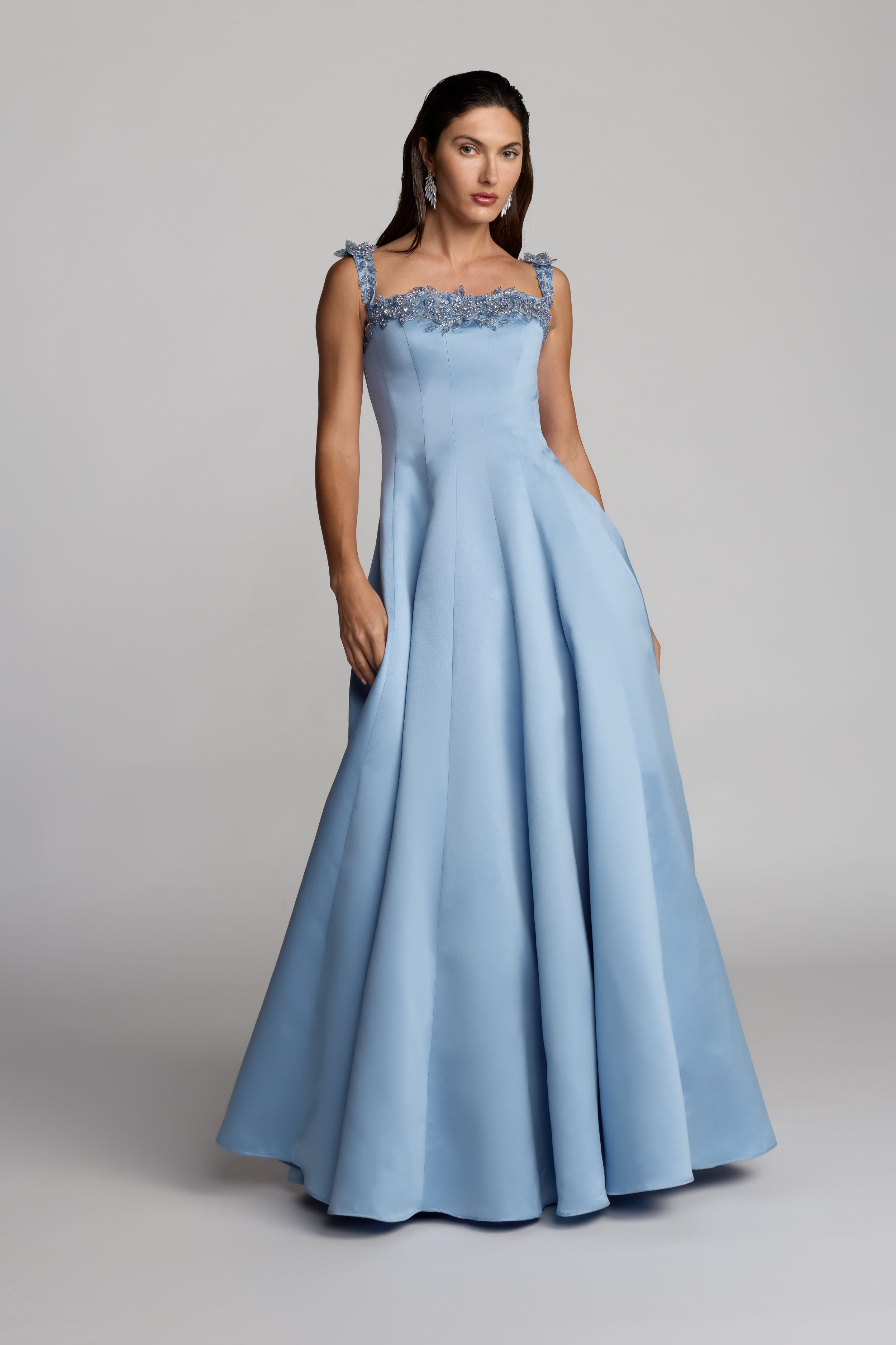 Blue Satin Ballgown With 3D Embellished Flowers Mac Duggal