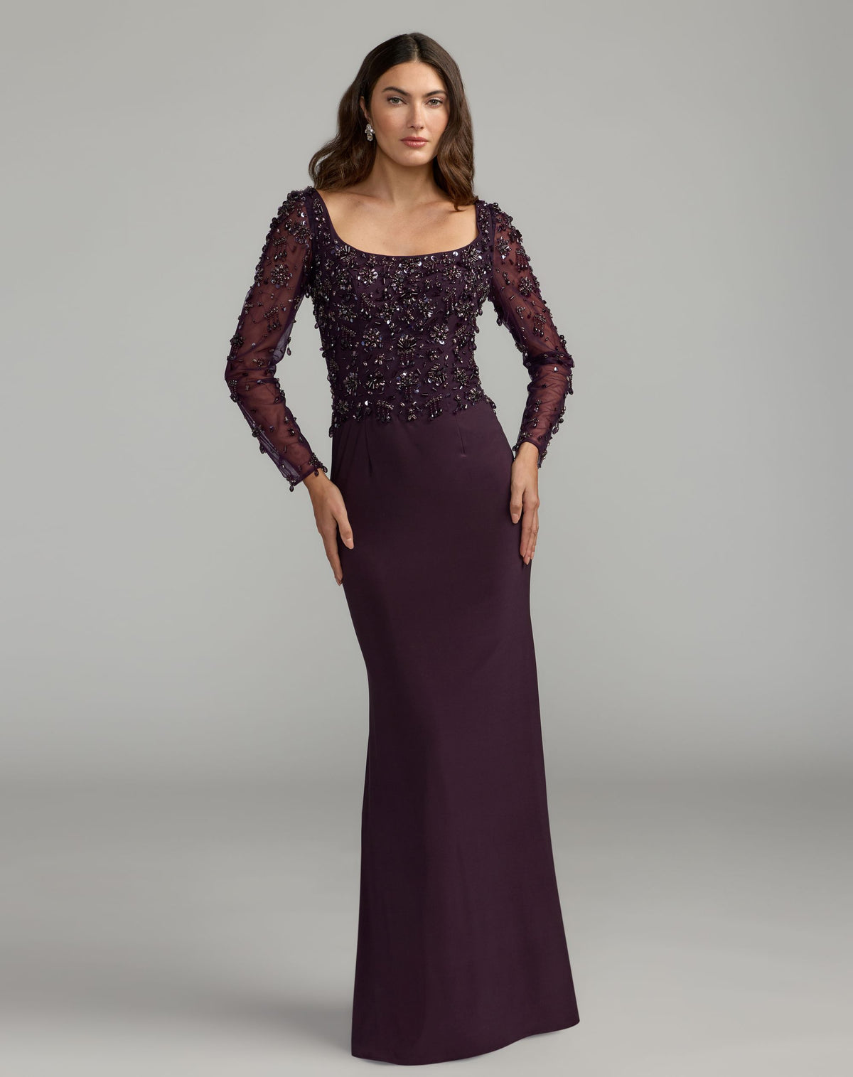 Amethyst Long Sleeve Beaded Column Gown - Mac Duggal
