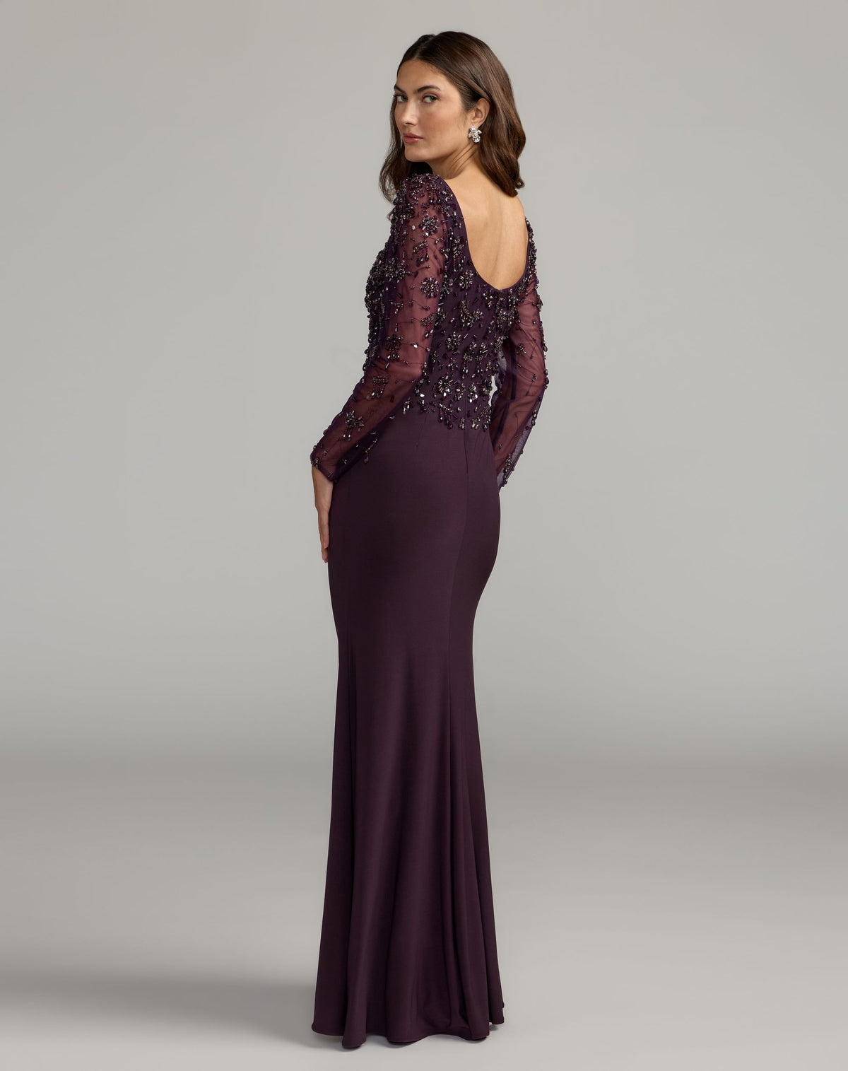 Amethyst Long Sleeve Beaded Column Gown - Mac Duggal