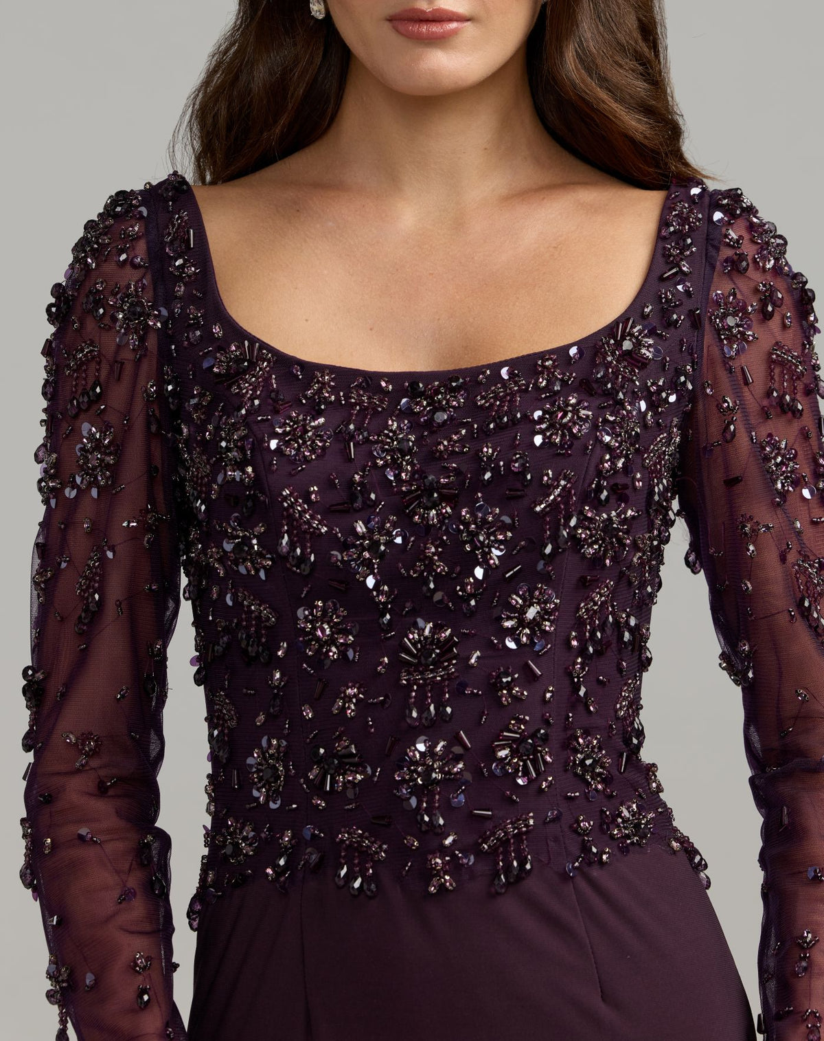 Amethyst Long Sleeve Beaded Column Gown - Mac Duggal