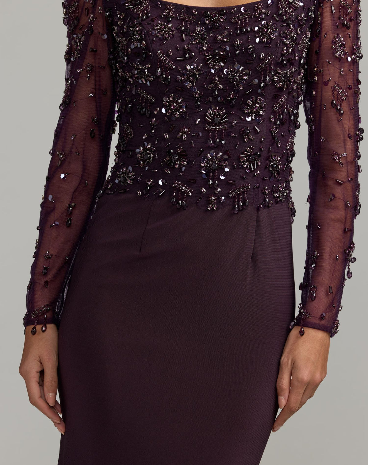 Amethyst Long Sleeve Beaded Column Gown - Mac Duggal