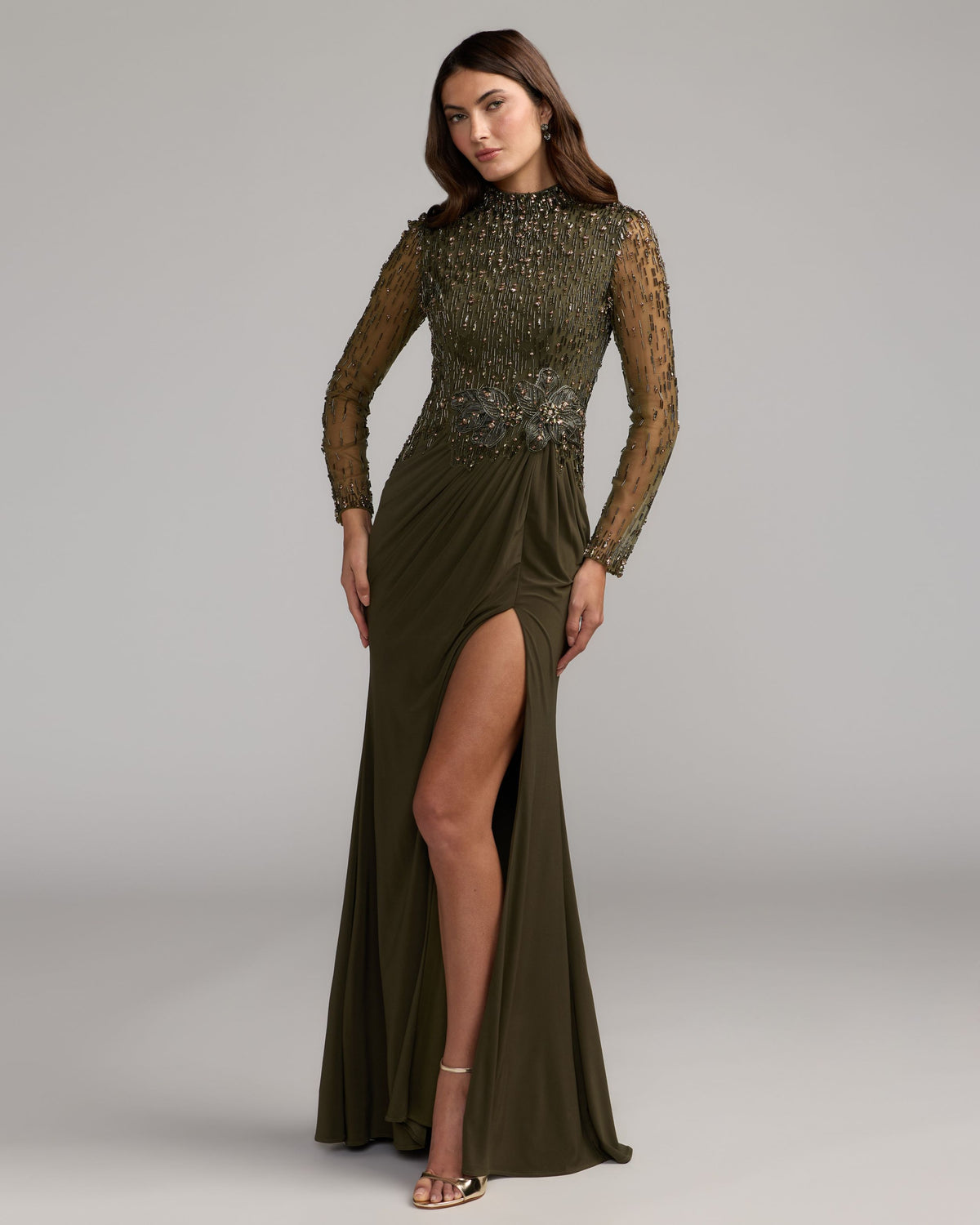Olive Beaded Mock Neck Jersey Gown Mac Duggal