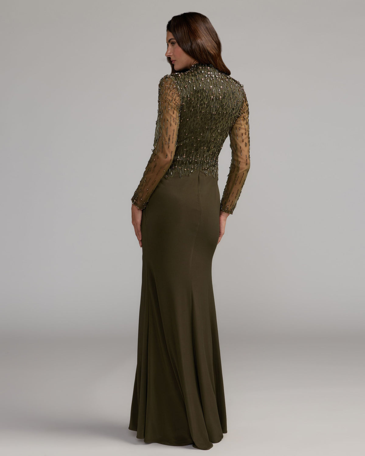 Olive Beaded Mock Neck Jersey Gown Mac Duggal