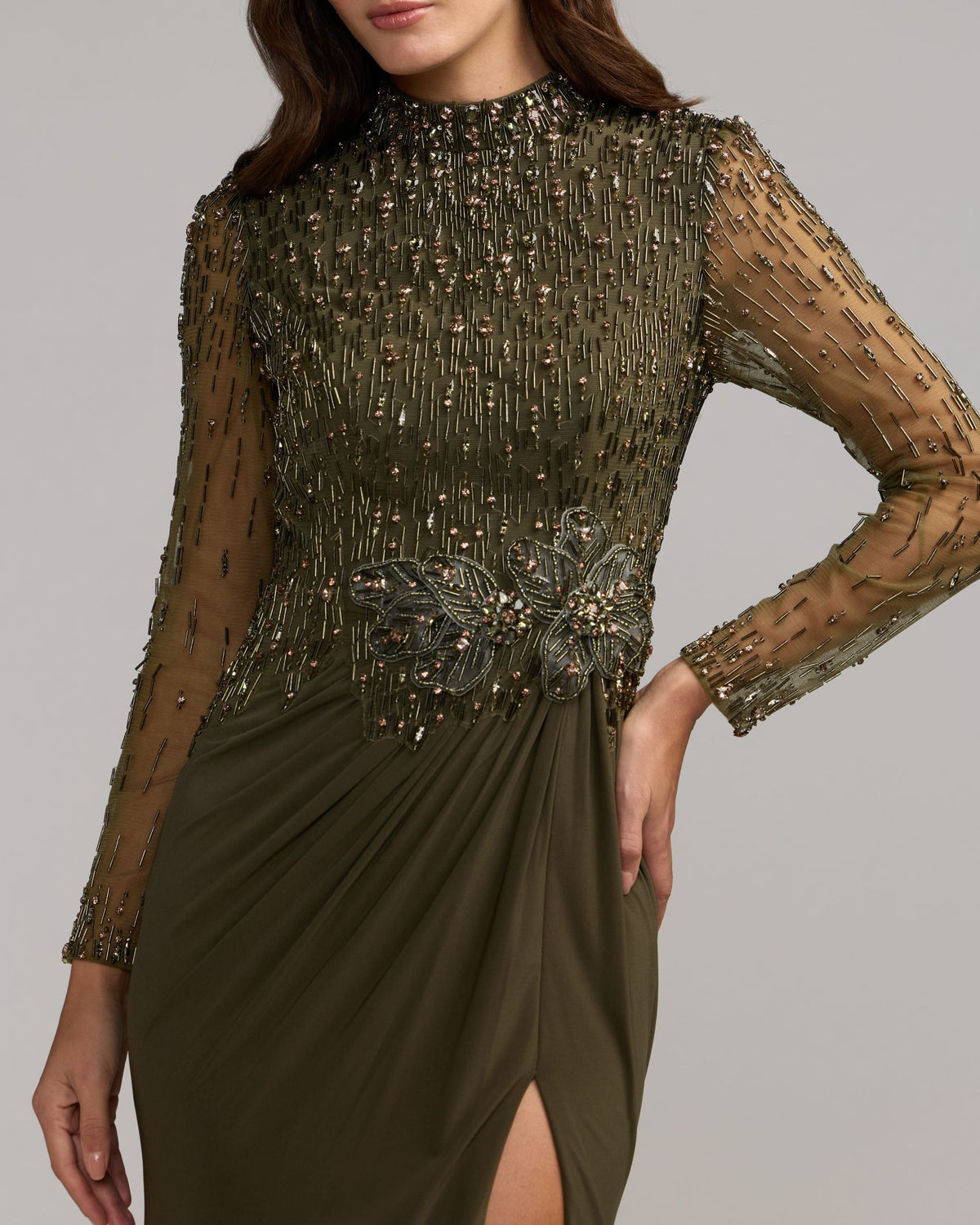 Olive Beaded Mock Neck Jersey Gown Mac Duggal