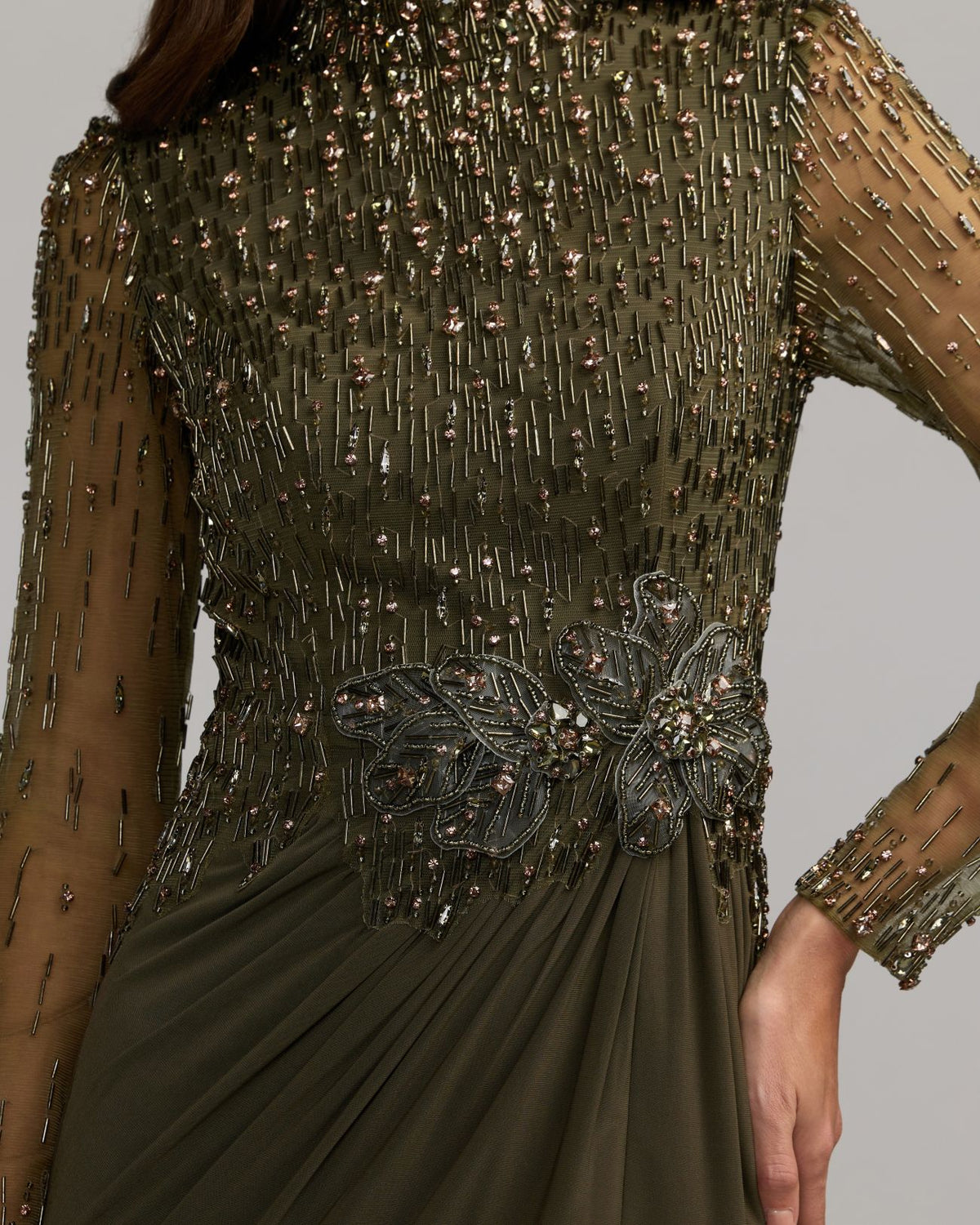 Olive Beaded Mock Neck Jersey Gown Mac Duggal