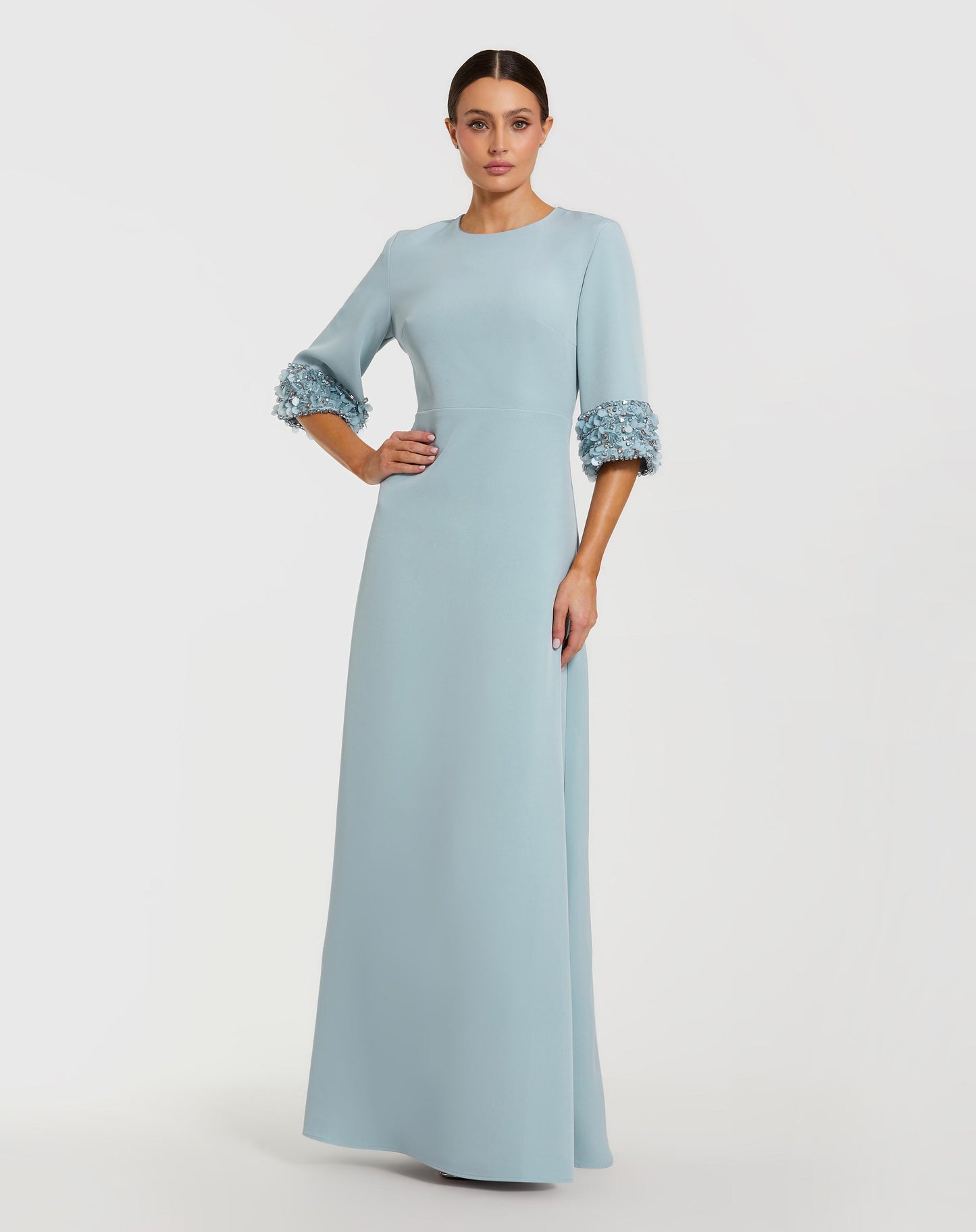 Blue A-Line Crepe Gown With Embellished 3/4 Sleeves - Mac Duggal