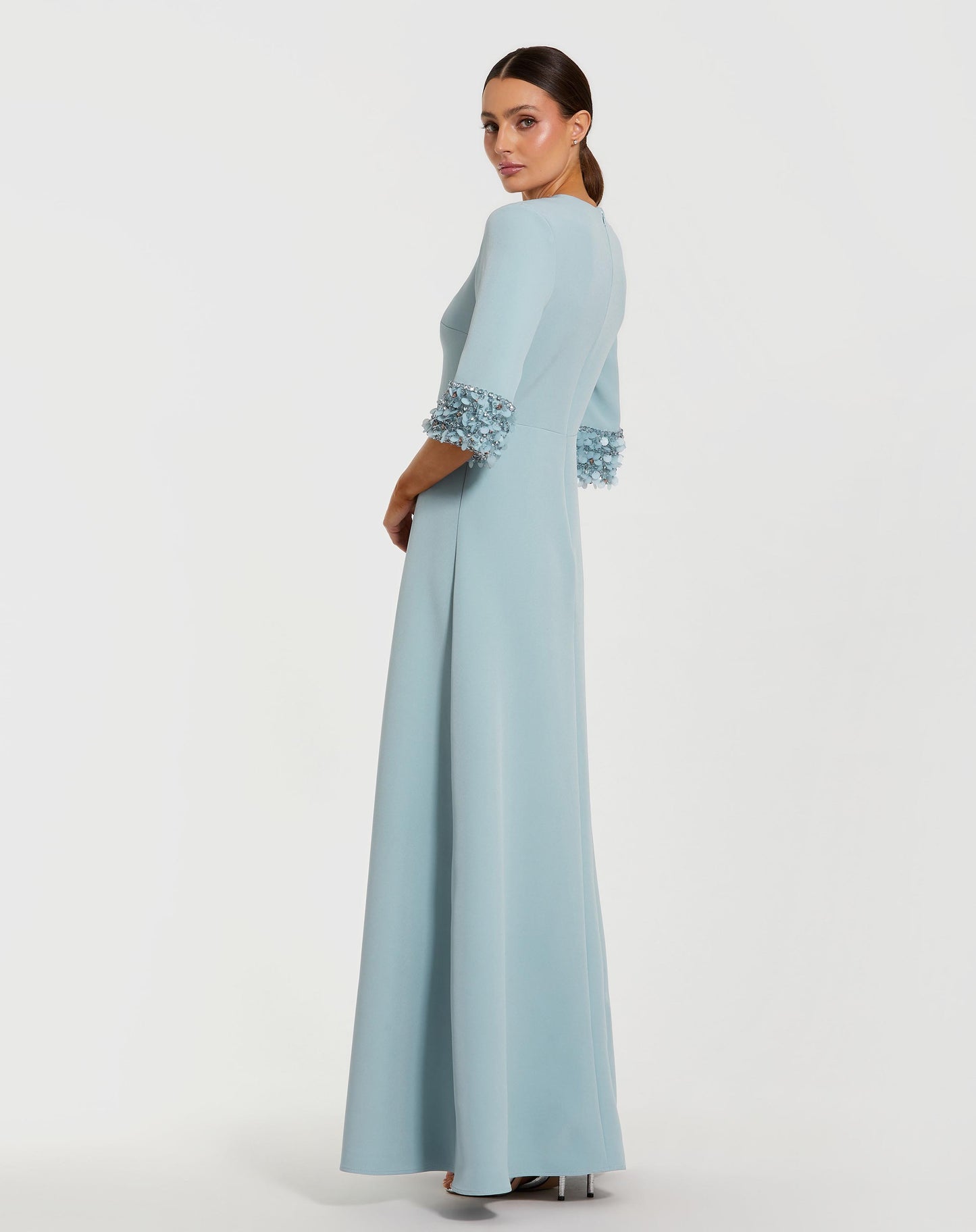 Blue A-Line Crepe Gown With Embellished 3/4 Sleeves - Mac Duggal