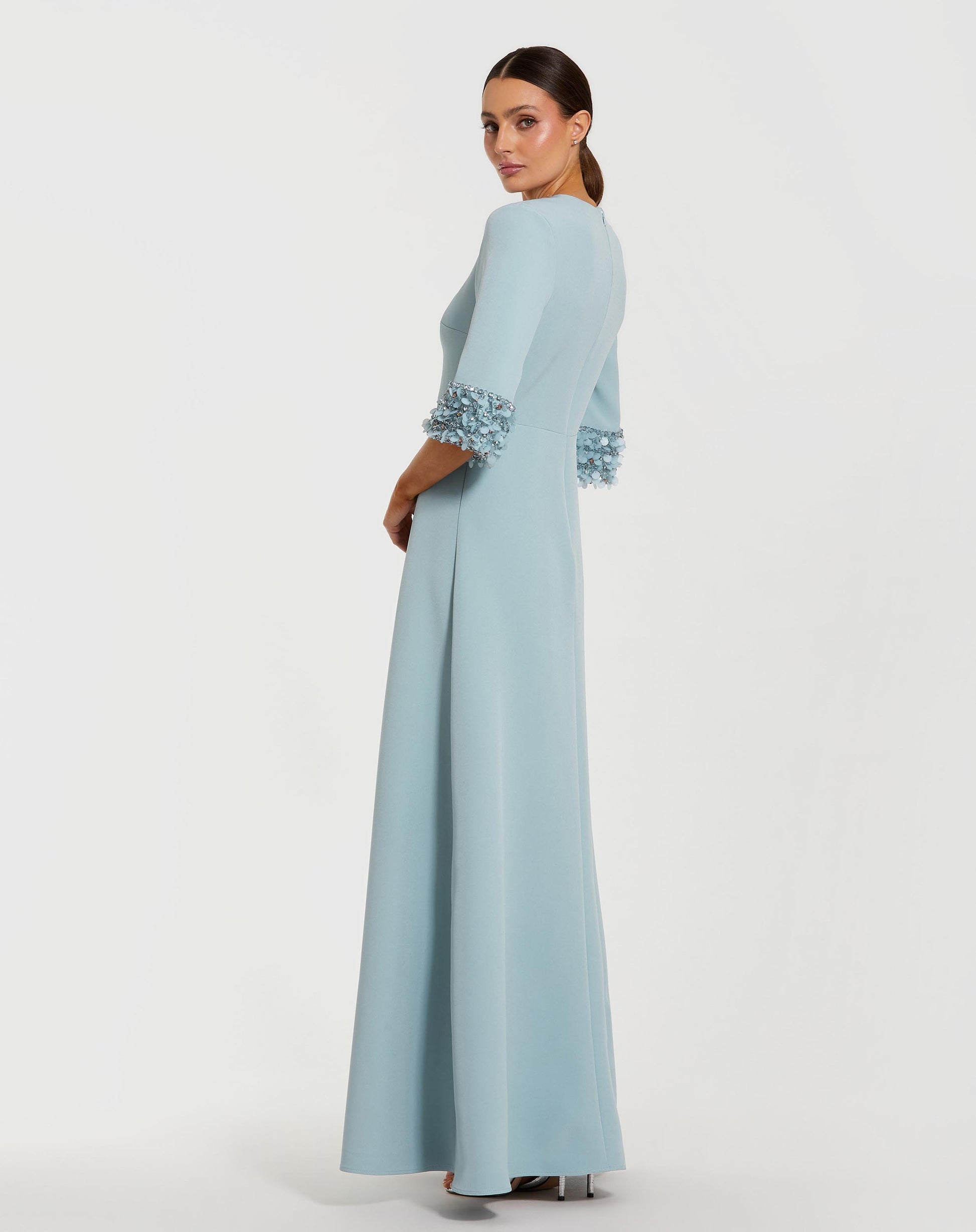 Blue A-Line Crepe Gown With Embellished 3/4 Sleeves - Mac Duggal