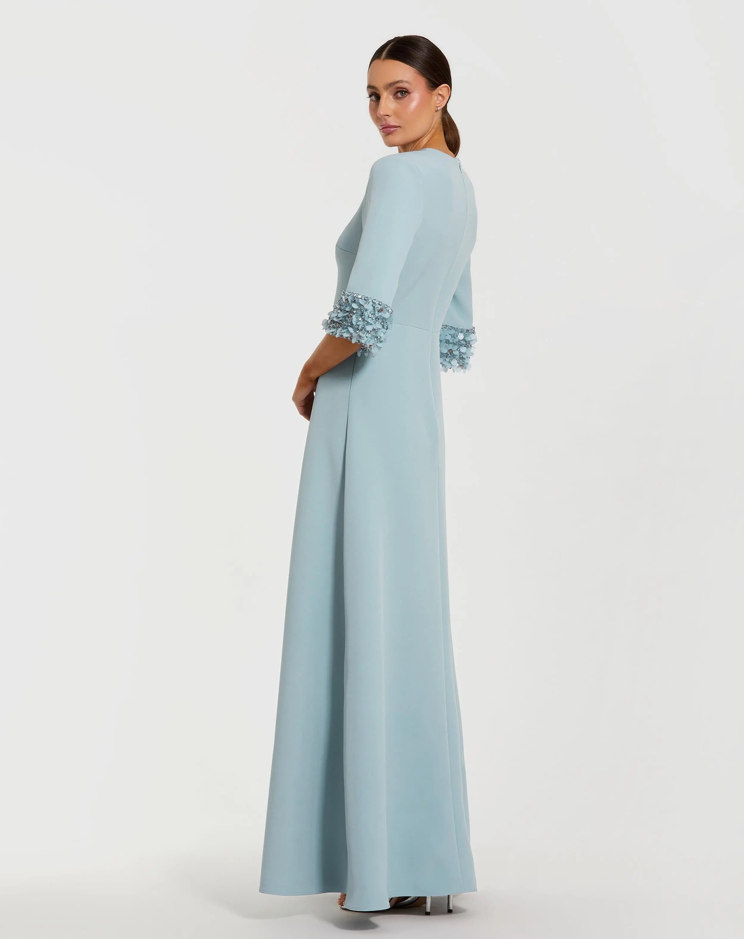 Blue A-Line Crepe Gown With Embellished 3/4 Sleeves - Mac Duggal