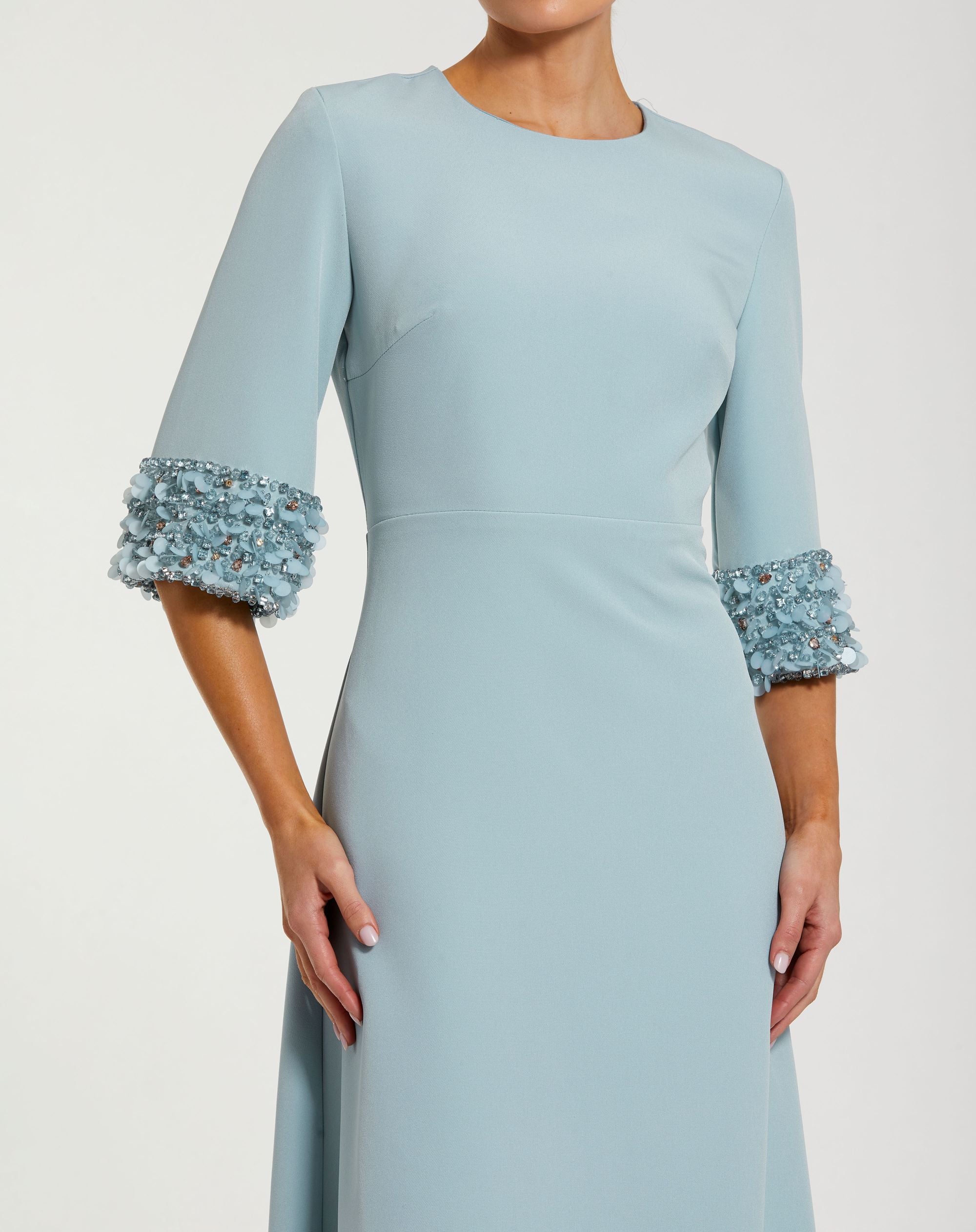 Blue Chiffon Gown w/ Fully Beaded 3/4 Sleeve Top | Mac Duggal Blue Chiffon Gown w/ Fully Beaded 3/4 Sleeve Top | Mac Duggal