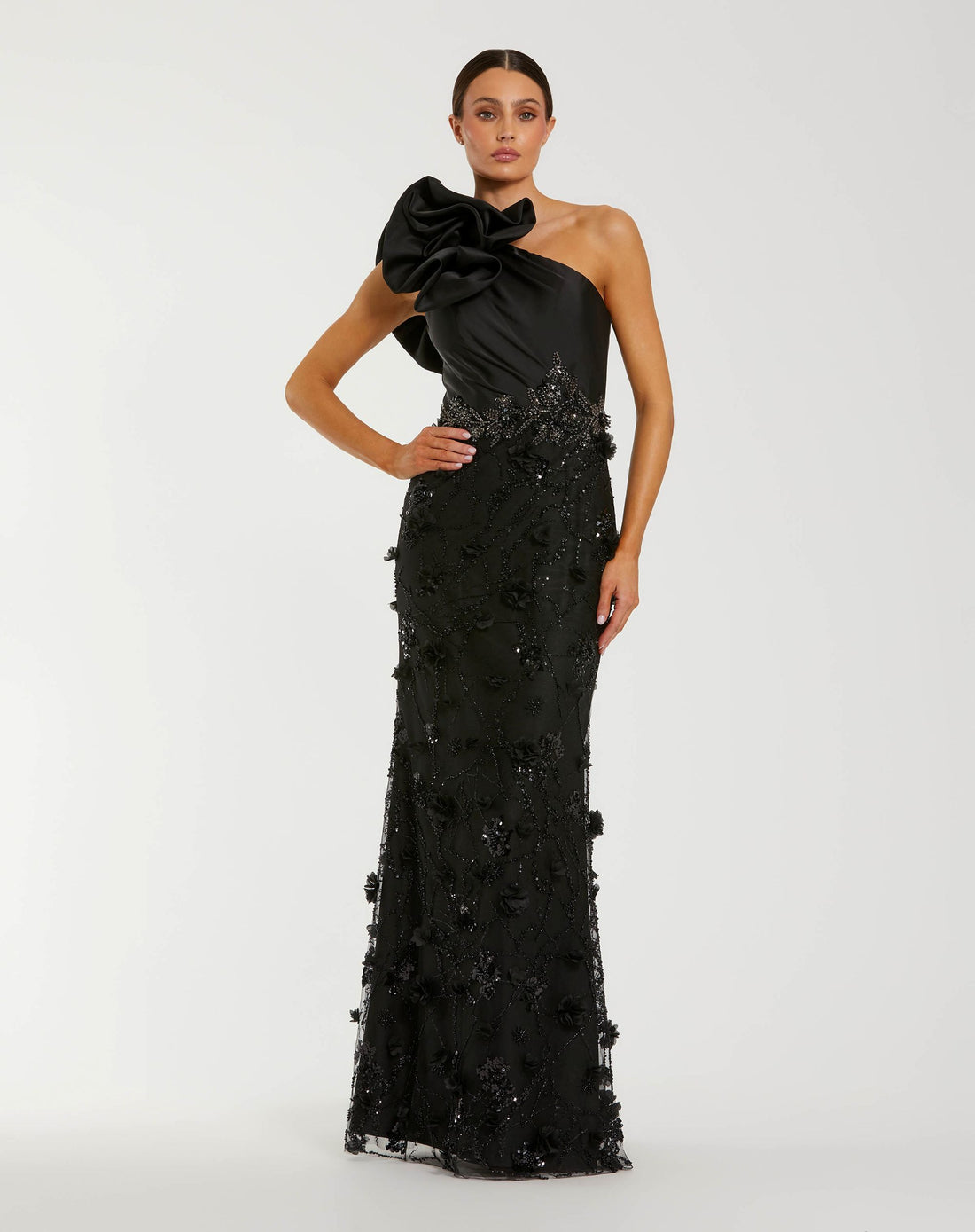 Black Ruffle One Shoulder Embellished Evening Gown  - Mac Duggal