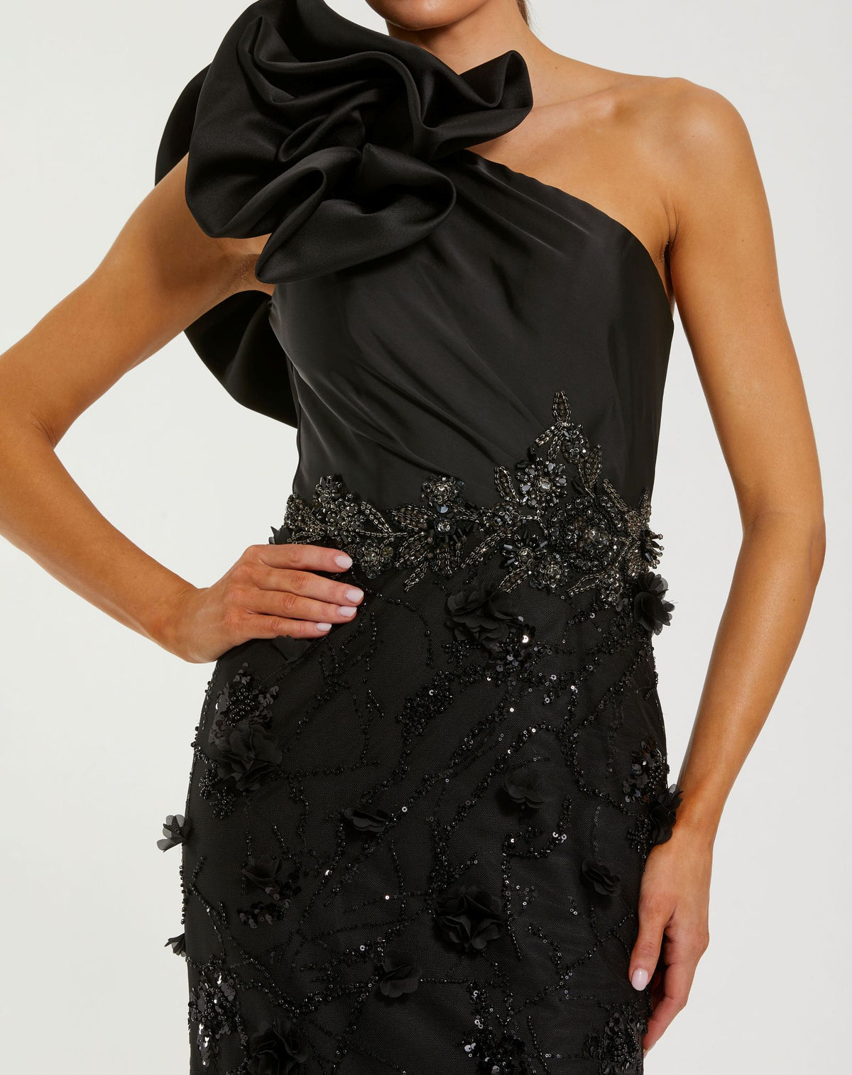 Black Ruffle One Shoulder Embellished Evening Gown  - Mac Duggal